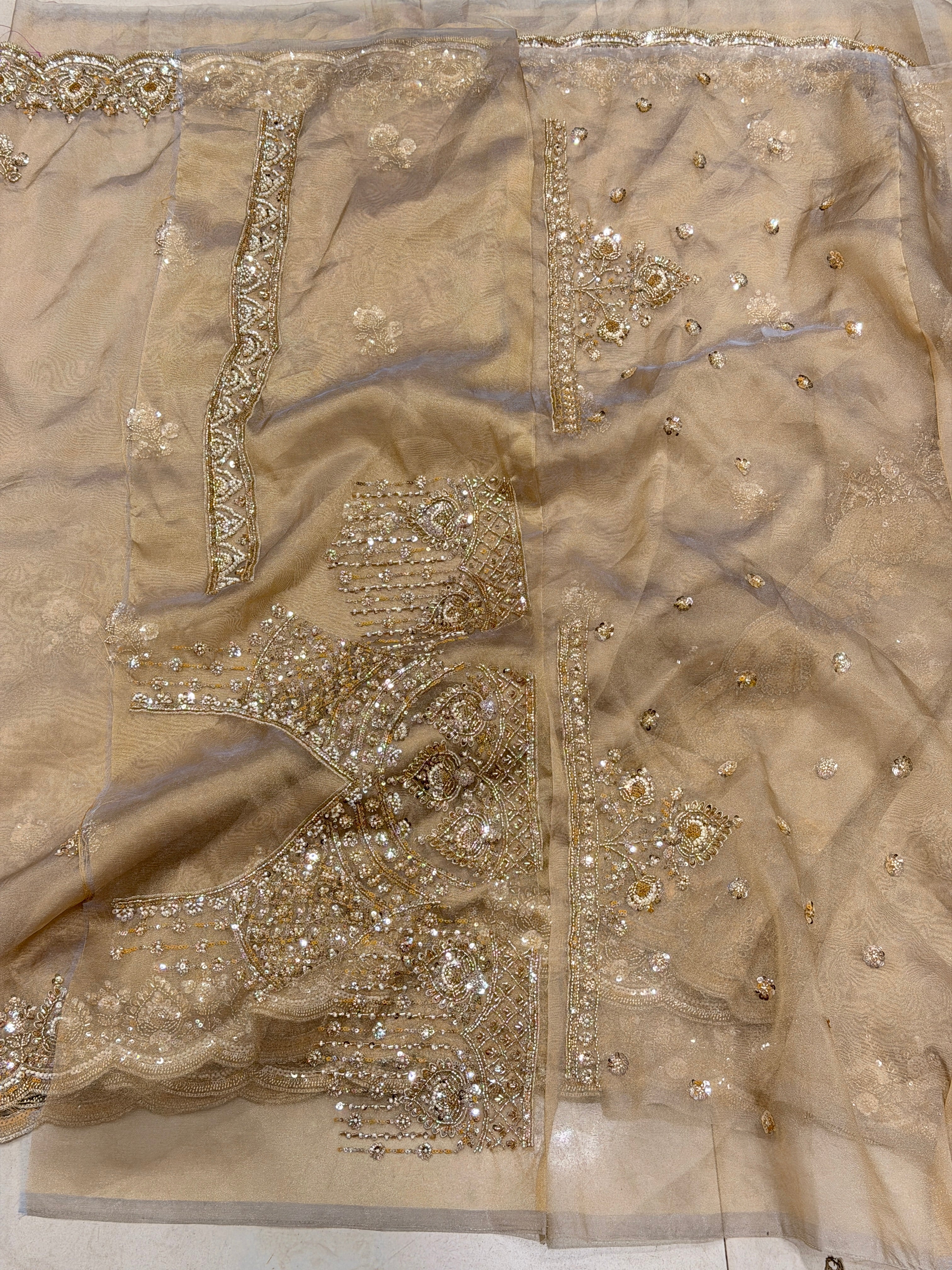 Gold Tissue Organza Moti Sequin Embroidery Heavy Blouse Saree