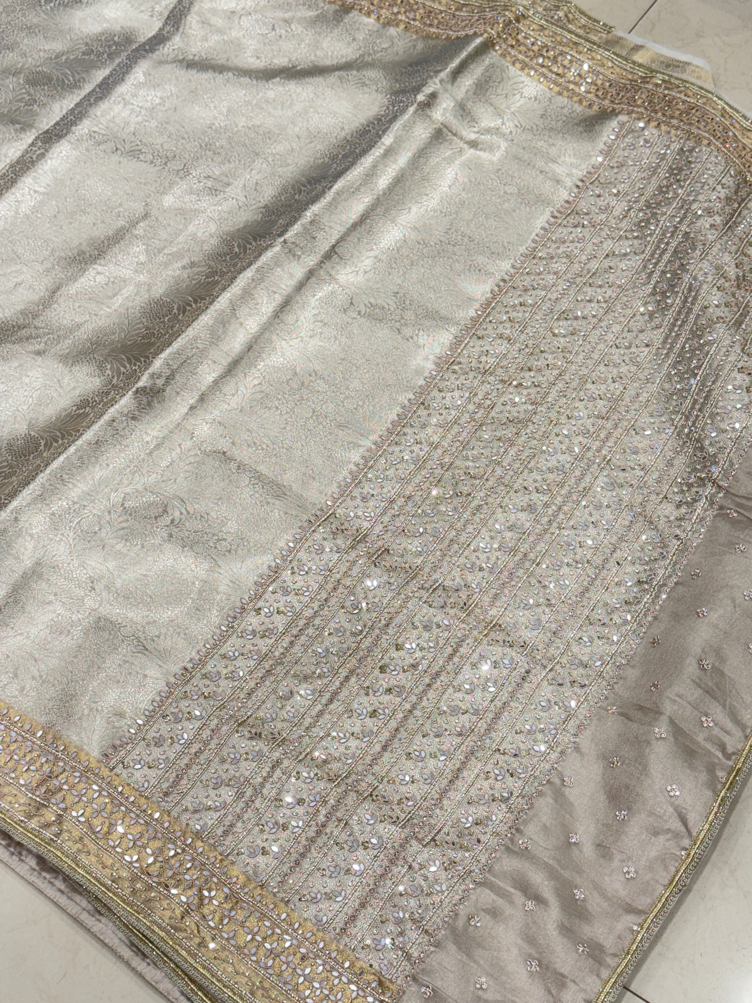 Silver Tissue Kanjivaram Hand Embroidery Saree