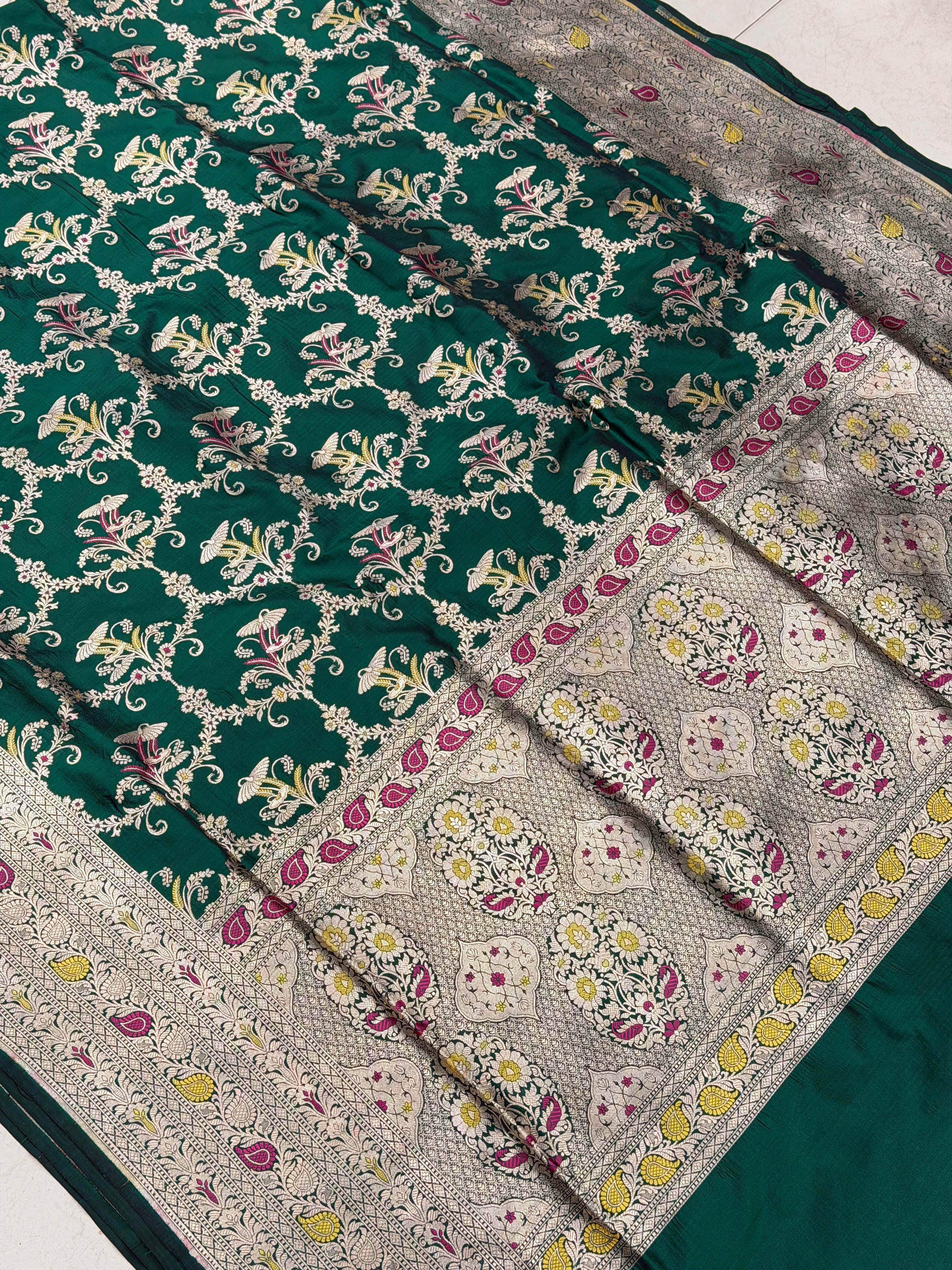 Bottle Green Handloom Meenakari Katan Silk Saree