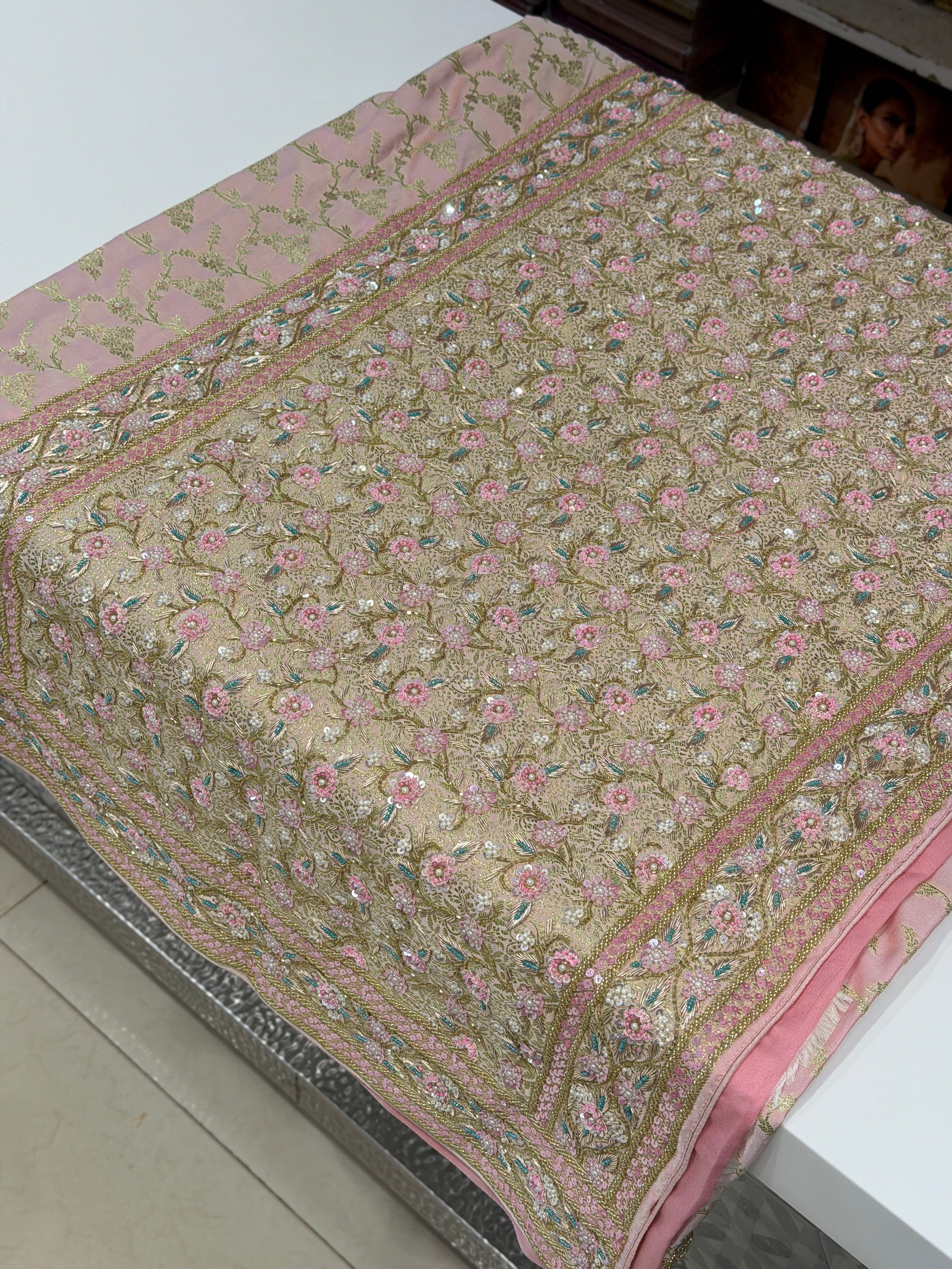 Light Pink Banarasi Floret Jaal Fancy Hand Embroidery Saree