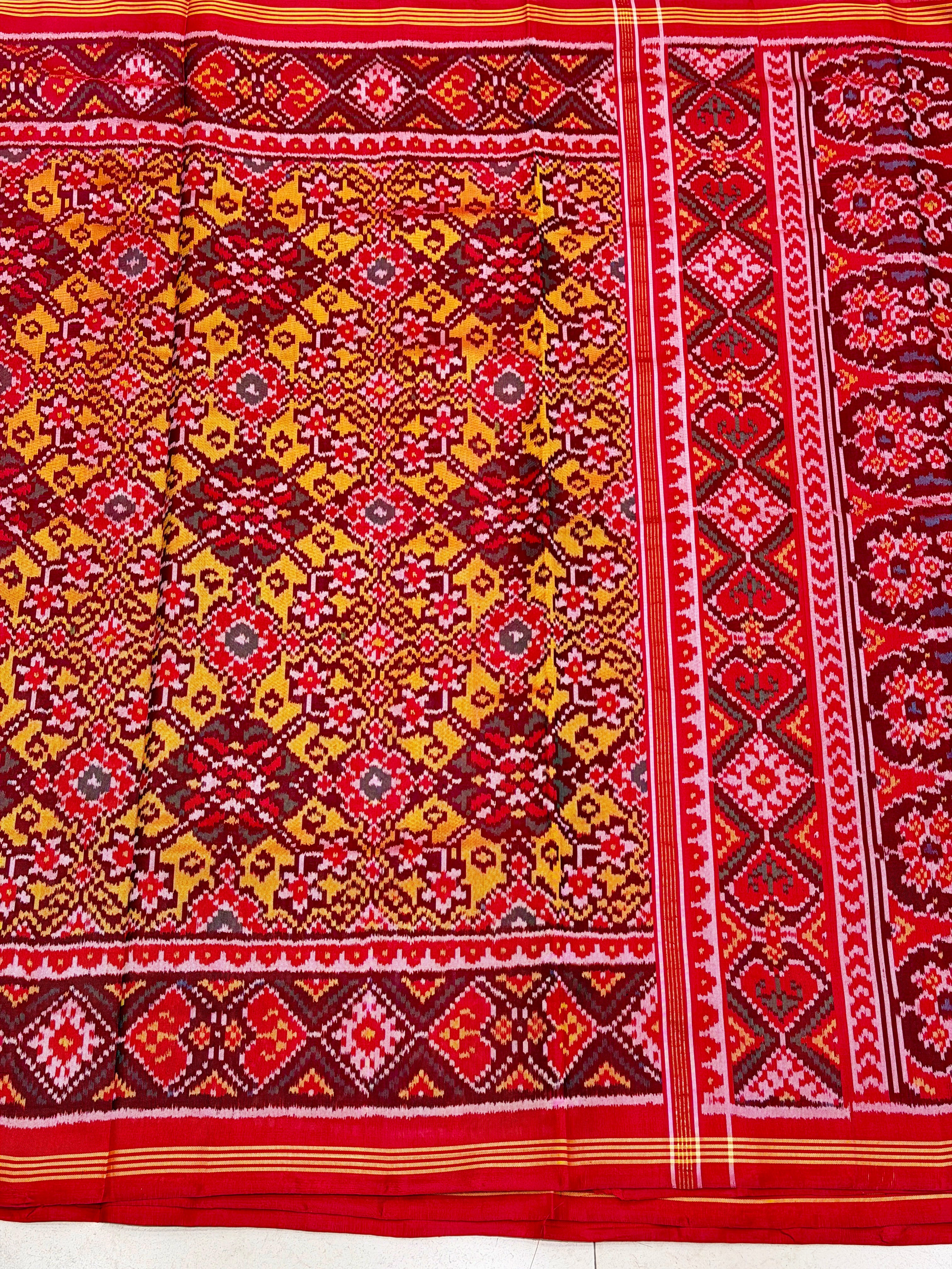 Yellow Red Pure Silk Manek Chowk Handloom Patola Saree