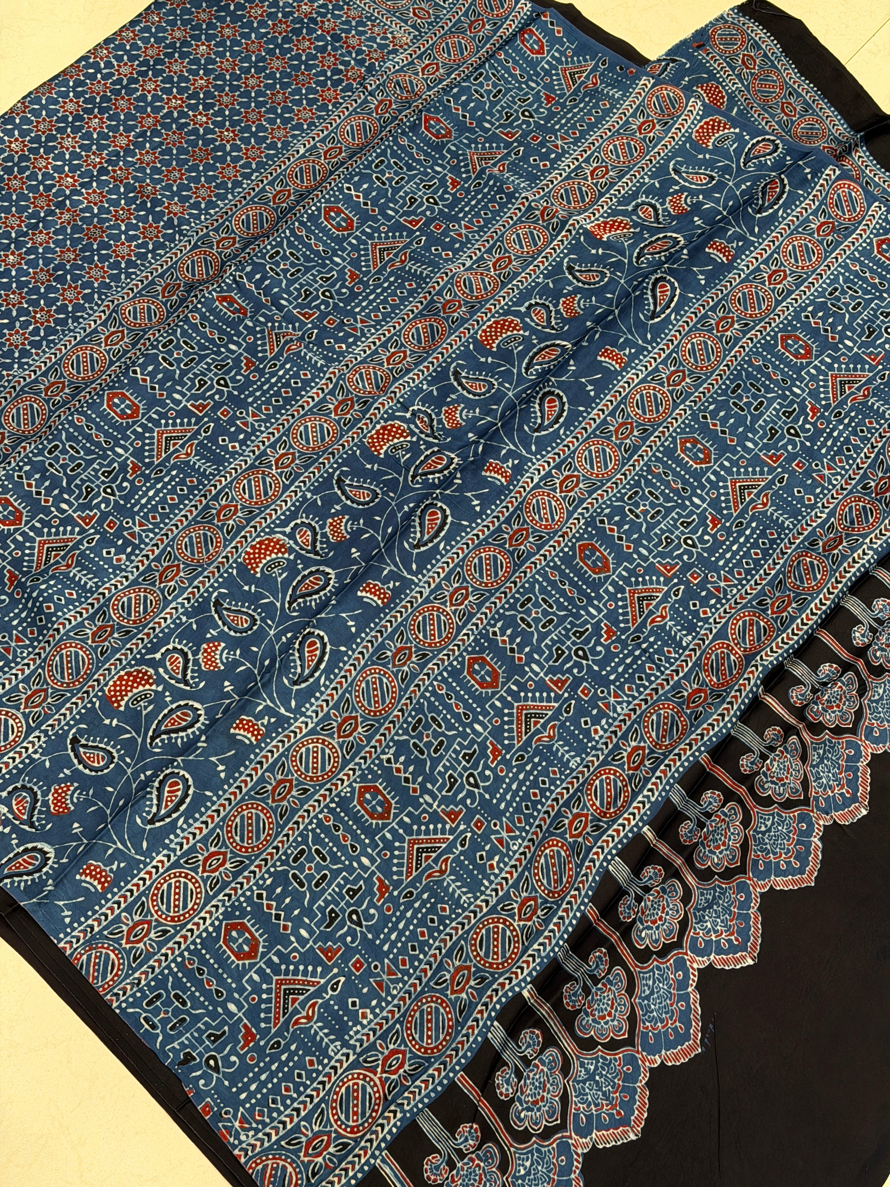 Blue Star Butti Ajrakh Hand Block Print Pure Modal Silk Saree