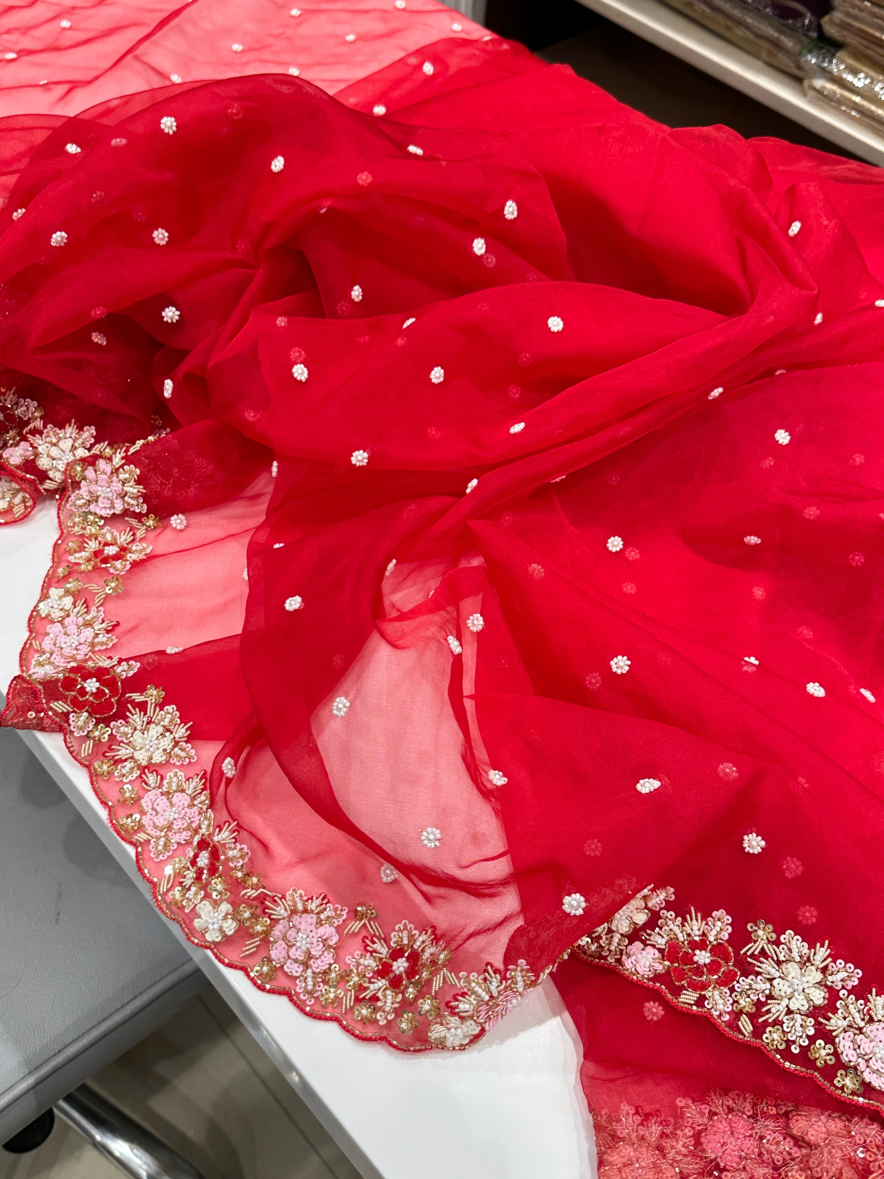 Red Organza Floral Border Hand Embroidery Saree