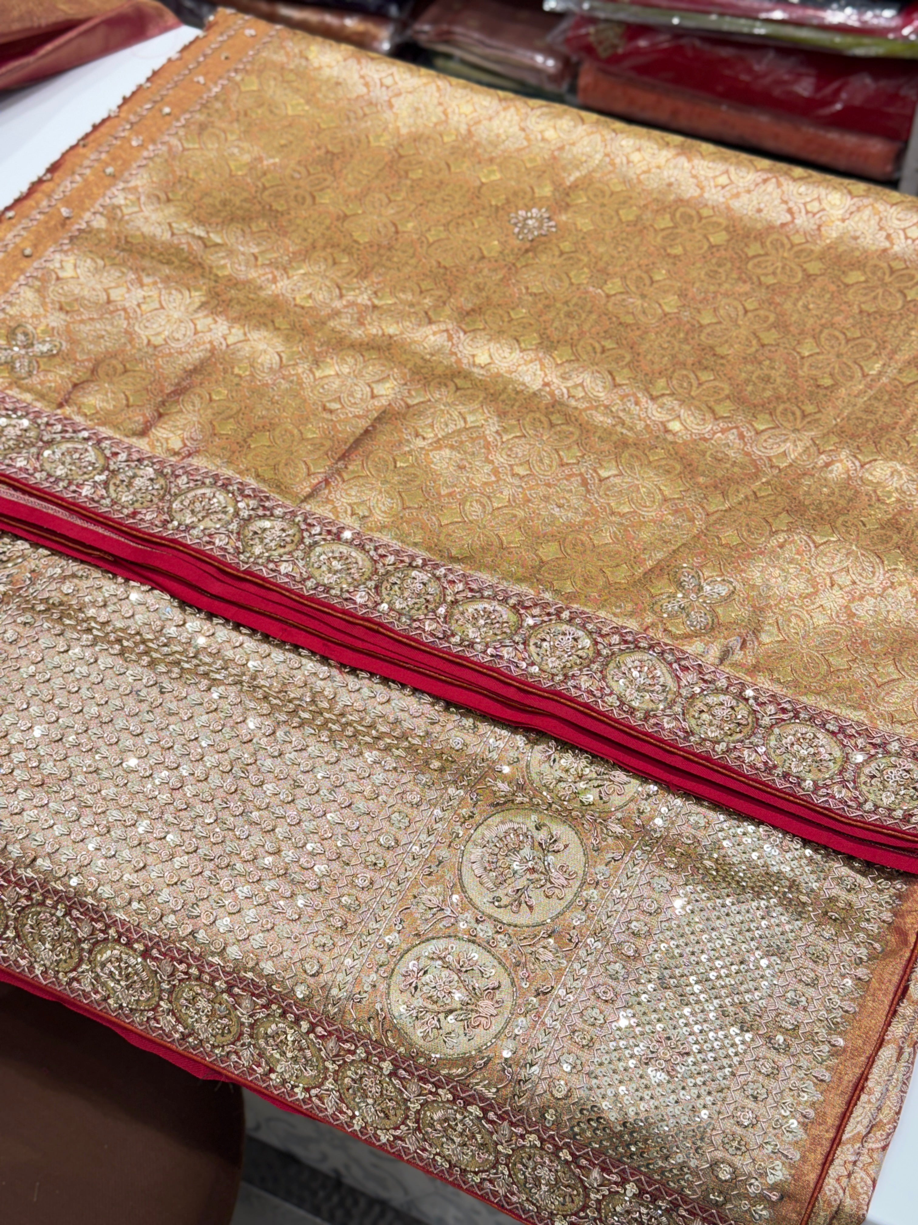Golden Red Dhup Chav Kanjivaram Small Border Hand Embroidery Zardosi Saree