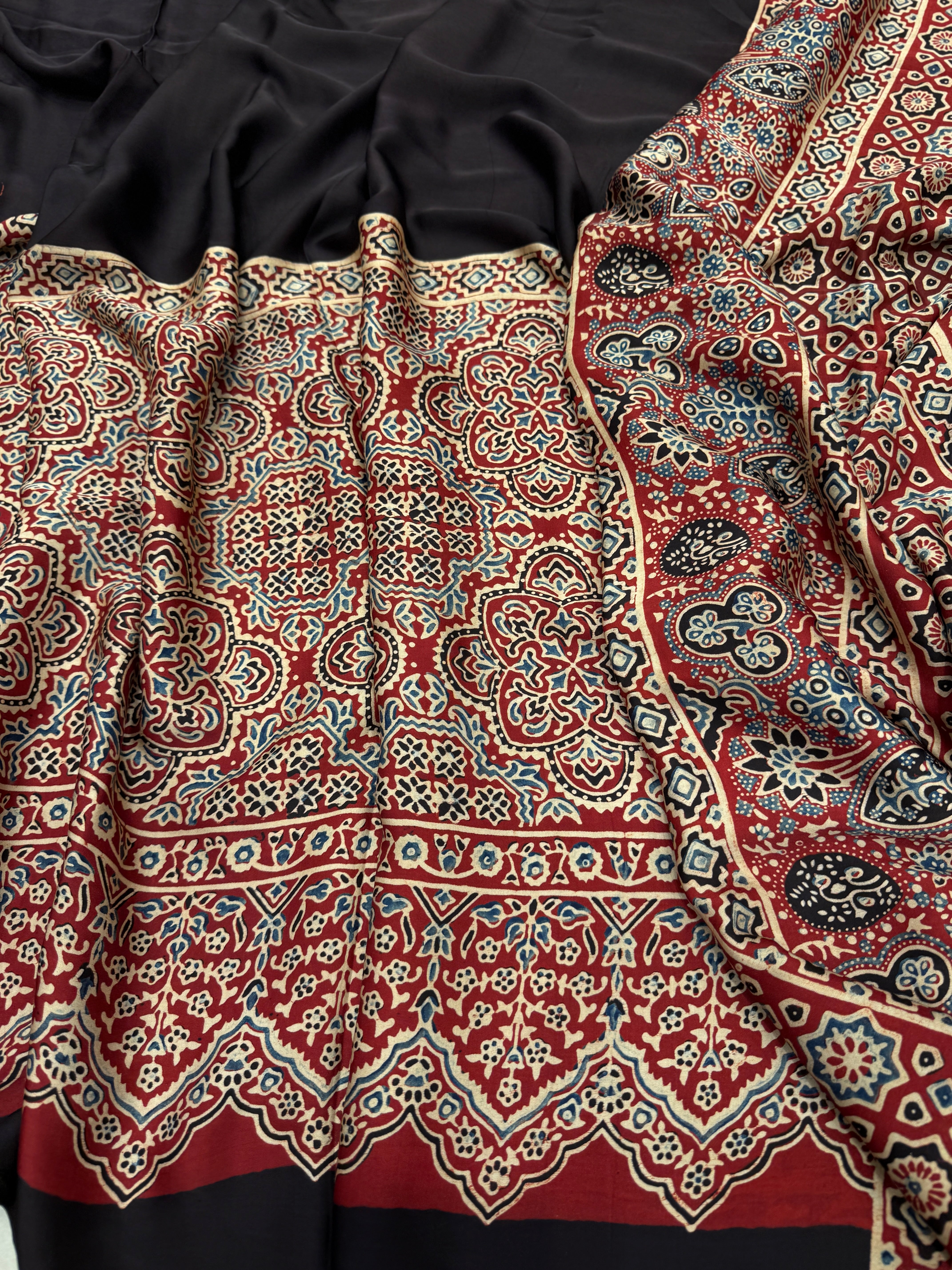 Red Black Jewelled Half Ajrakh Modal Gajji Silk Saree