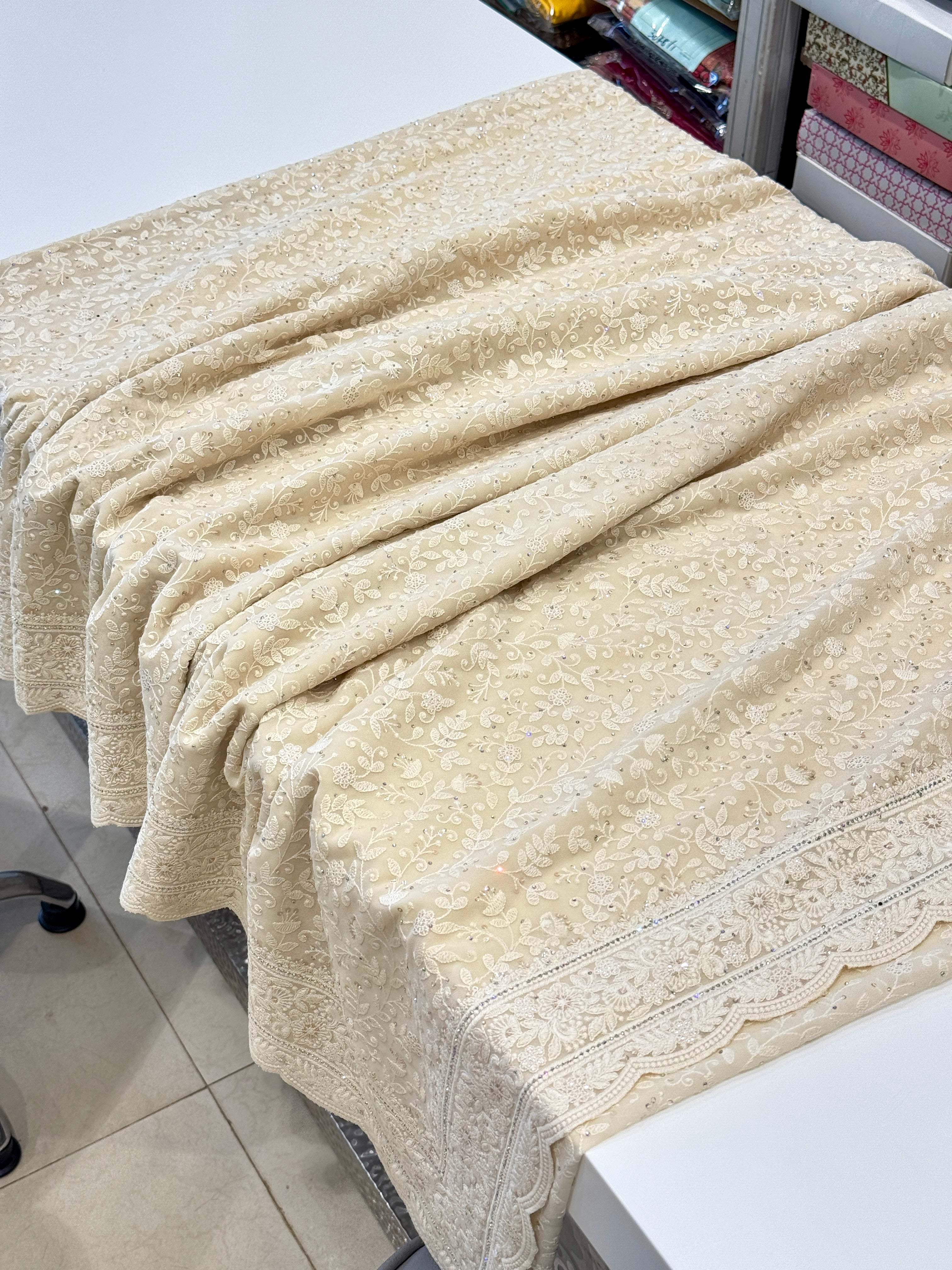 Moti White Chikankari Scallop Design Saree