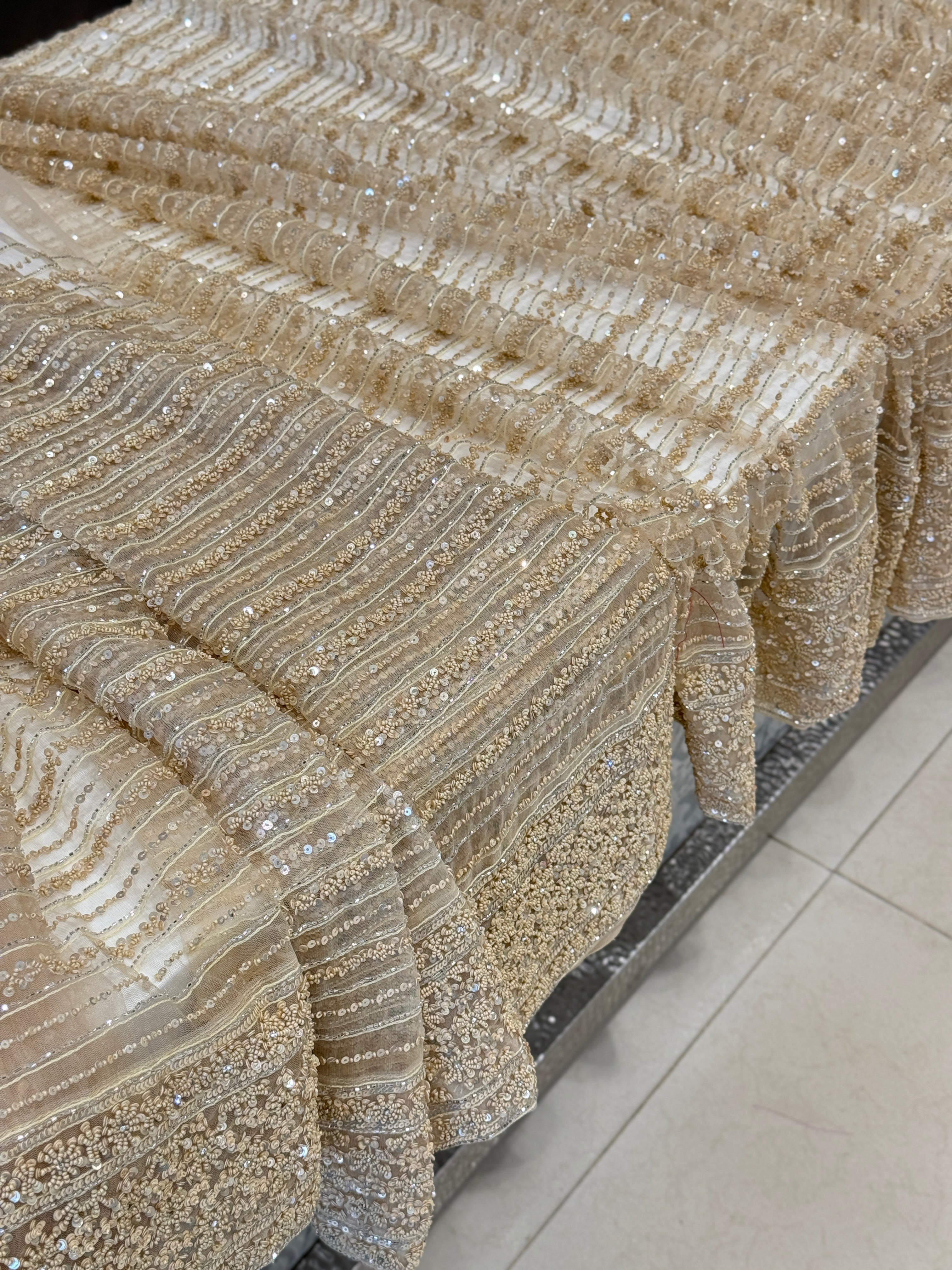 Beige Net Heavy Embroidery Saree