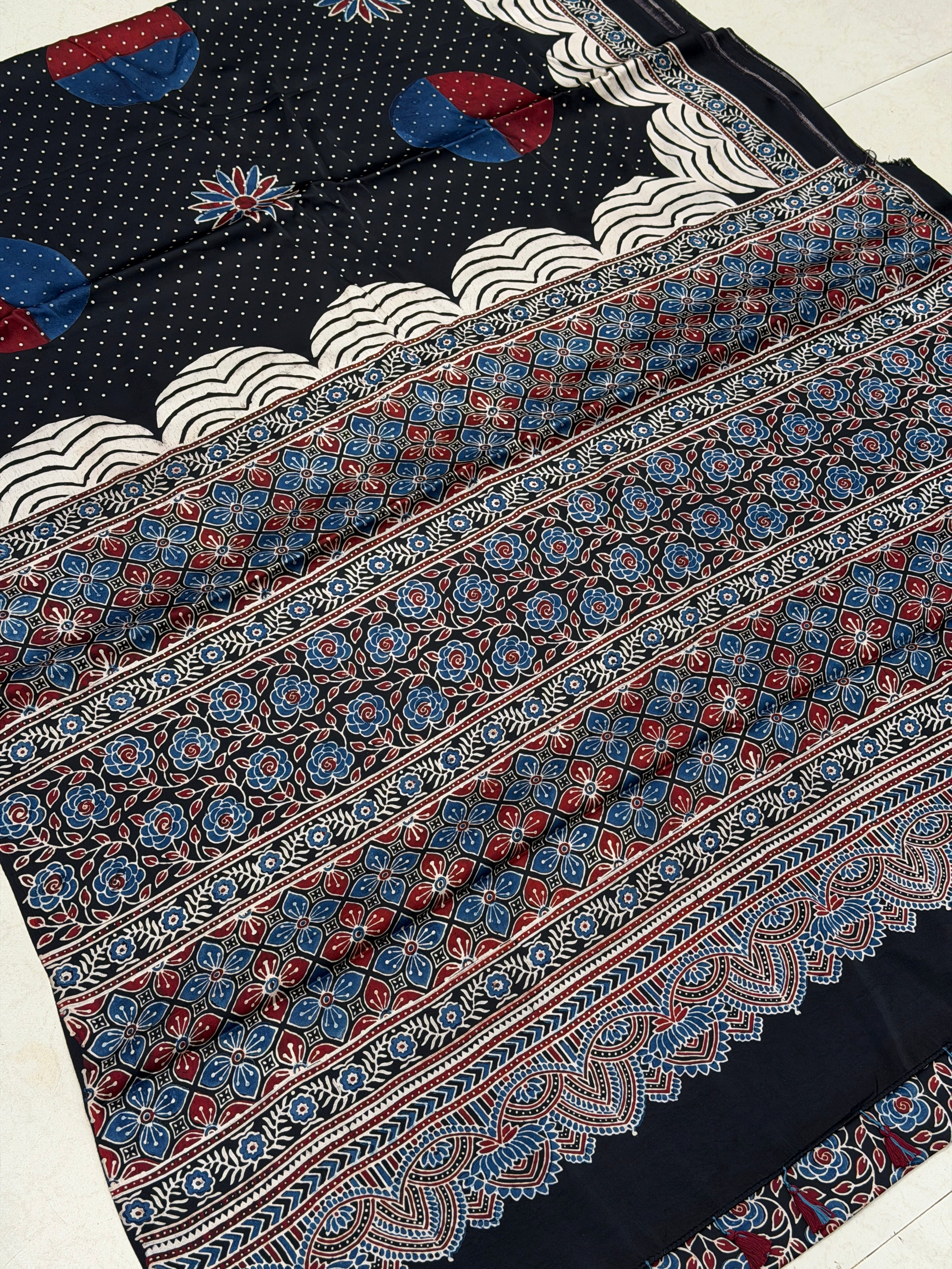 Black Sprinkled Dotts Ajrakh Hand Block Print Pure Modal Silk Saree