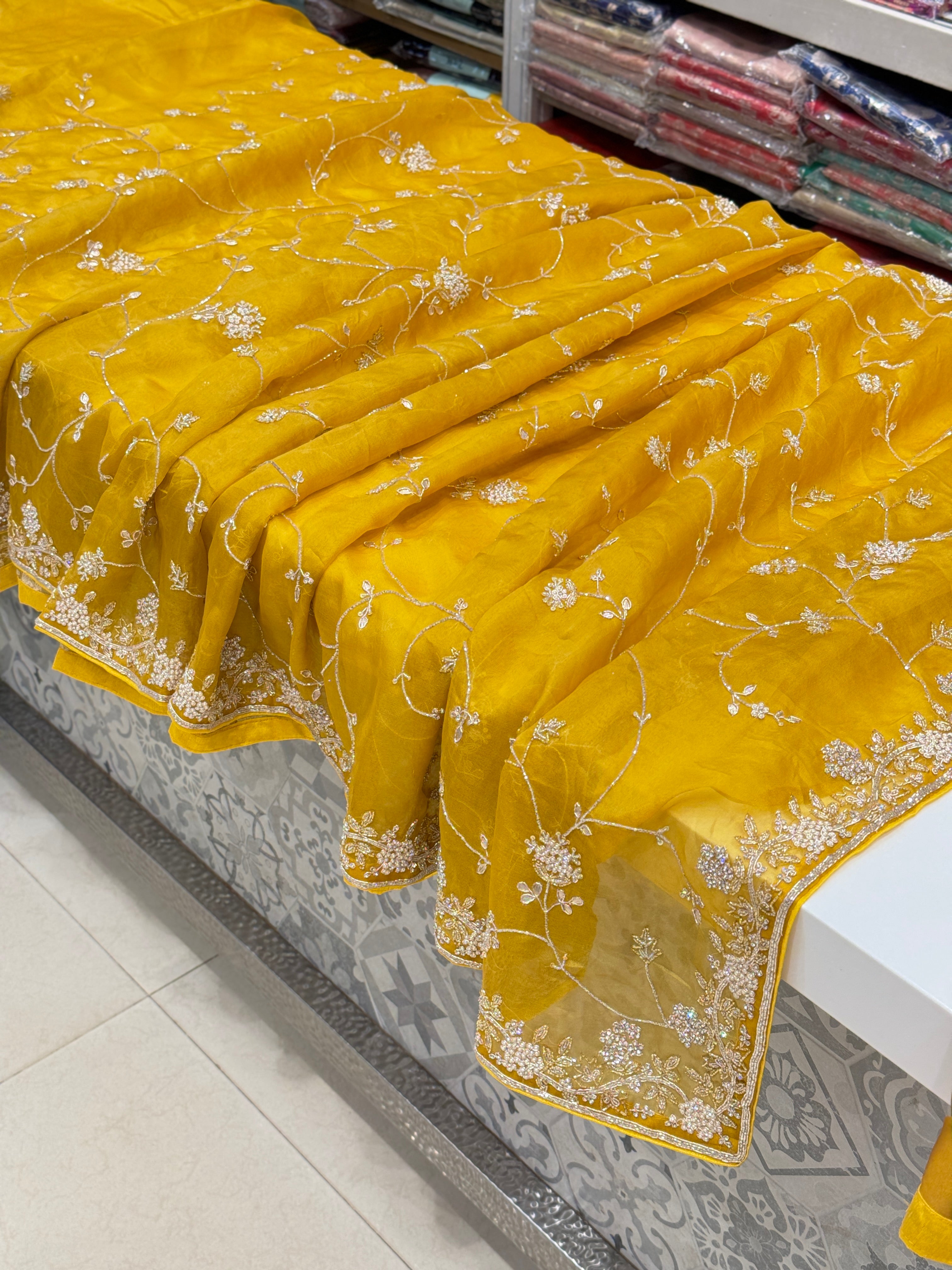 Mustard Yellow Pure Organza Saree