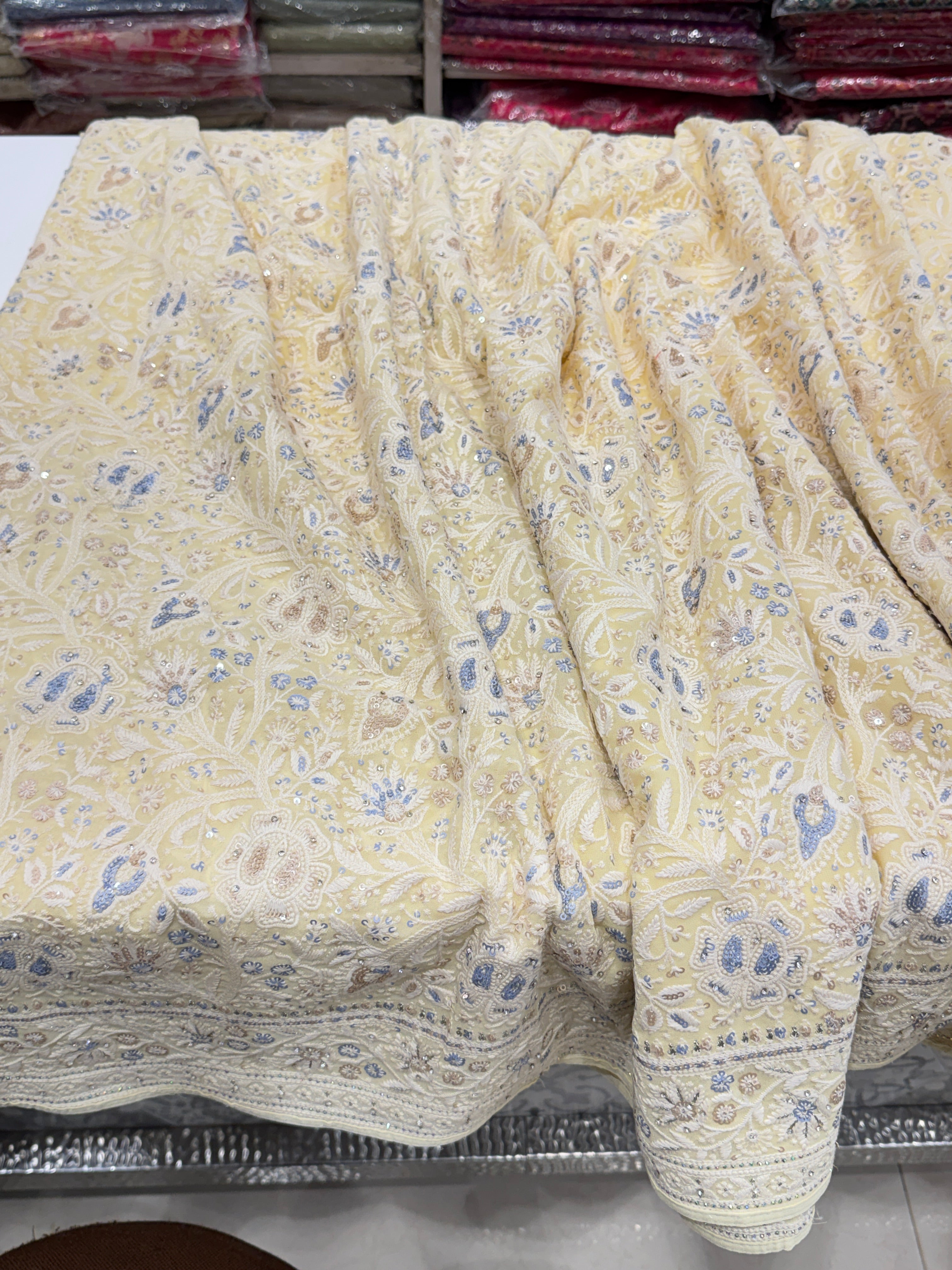 Yellow Chikankari Saree Floral Design