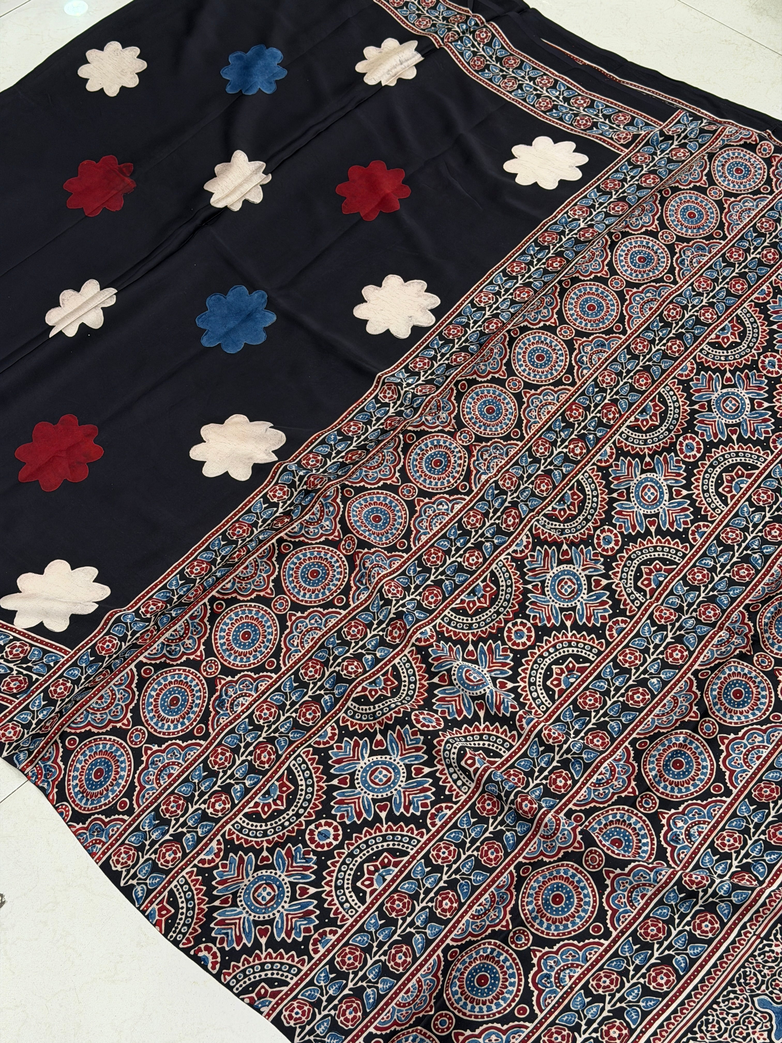 Black Sunflower Butta Ajrakh Block Print Hand Pure Gajji Silk Saree