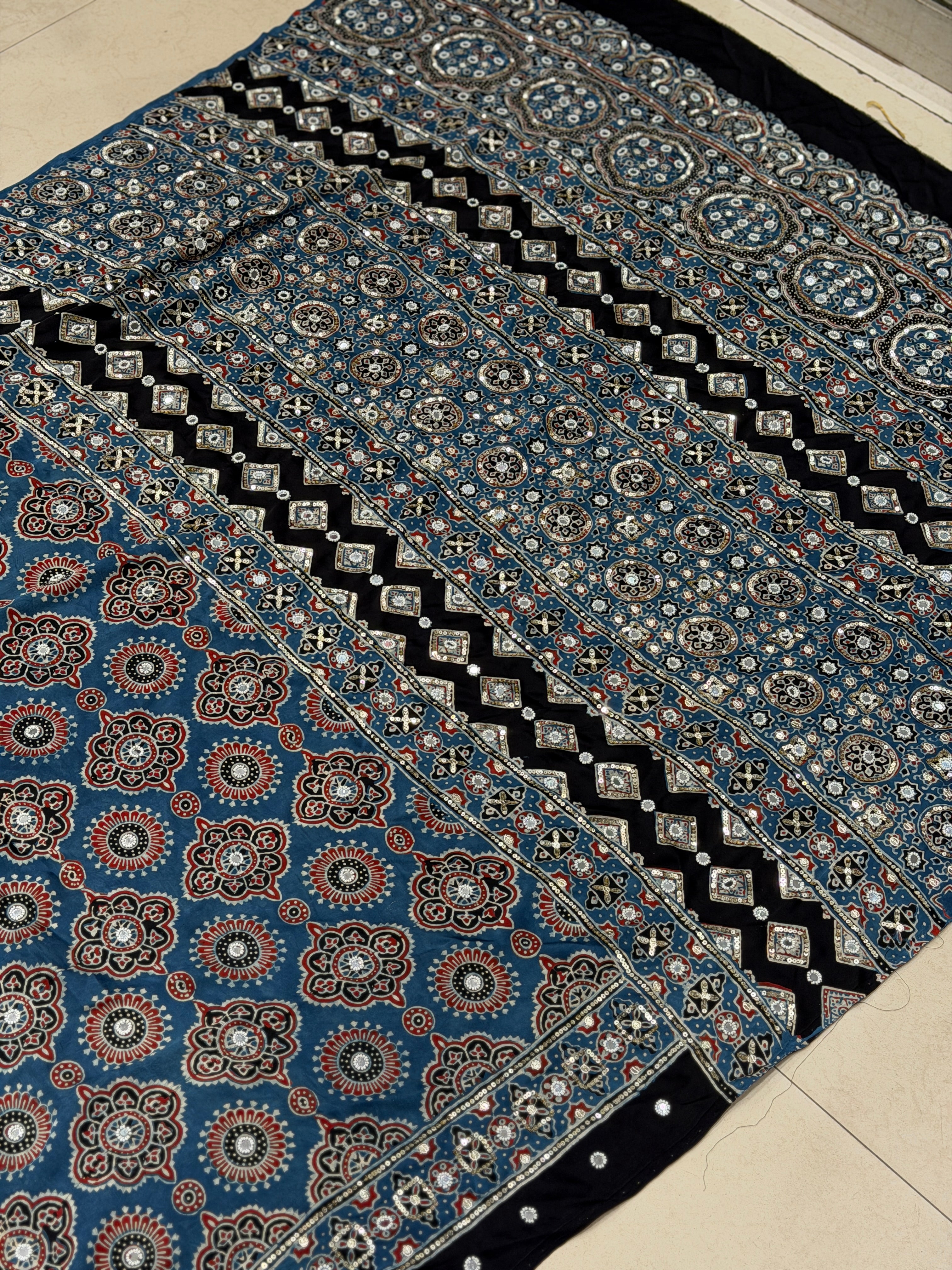 Blue Badam Ajrakh Butta Real Mirror Moti Sequin Hand Embroidery Saree