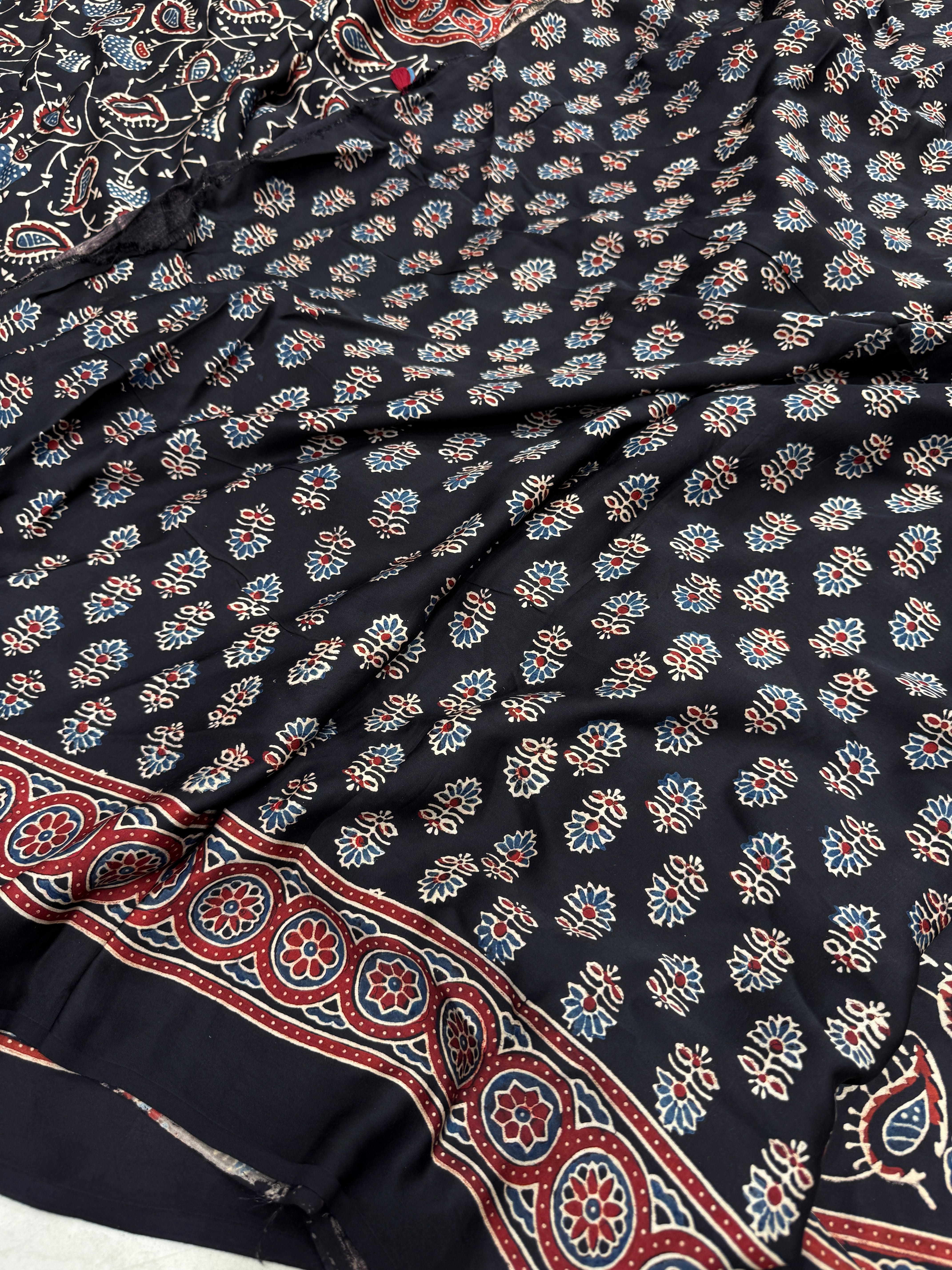 Black Keari Jaal Ajrakh Hand Block Print Pure Gajji Silk Saree