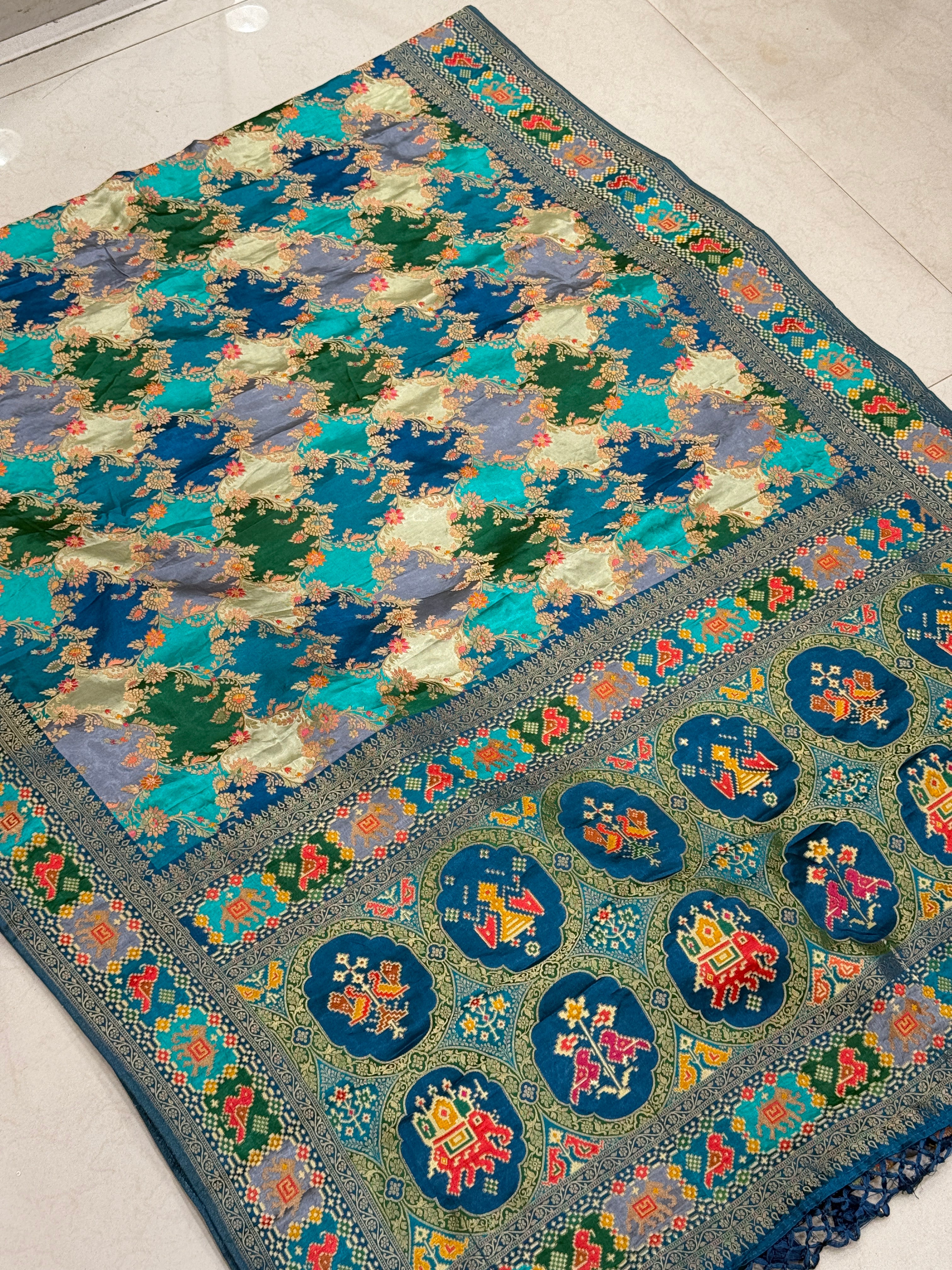 Rama Blue Banarasi Rangkat Fusion Patola Border Saree