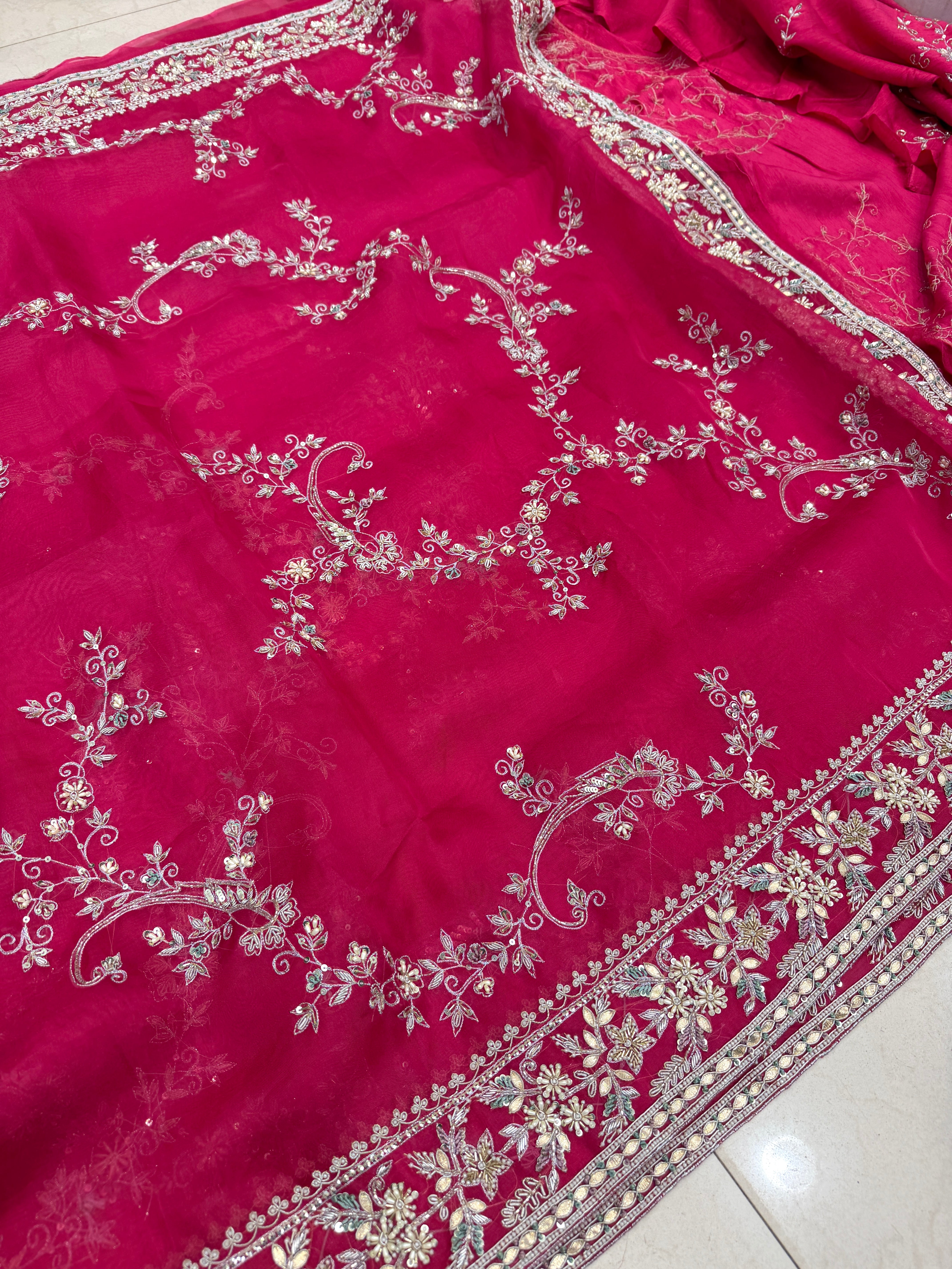 Rani Pink Organza Zardosi Gota Resham Hand Embroidery Saree