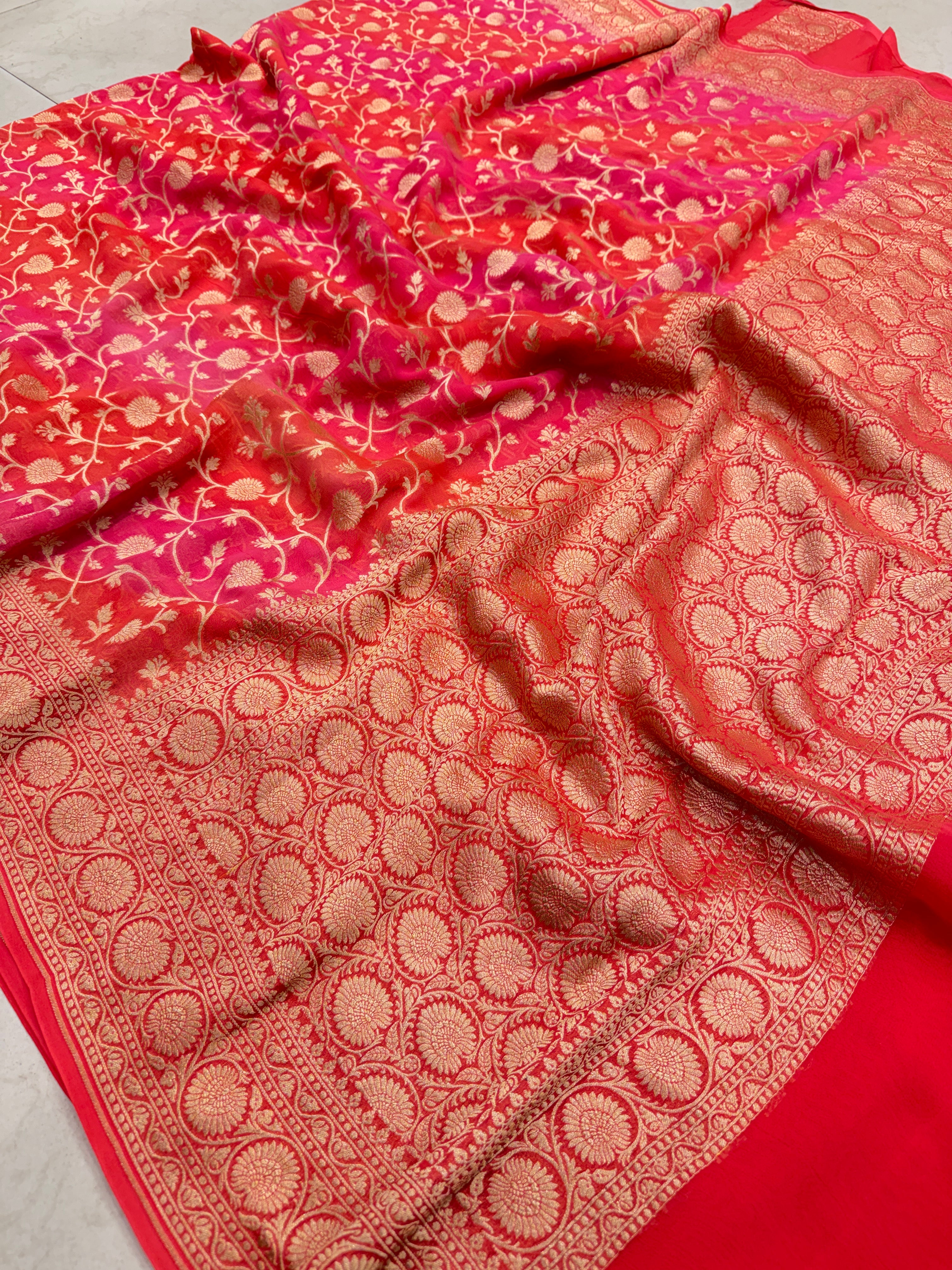 Orange Shaded Mughal Jaal Handloom Banarasi Khaddi Georgette Saree