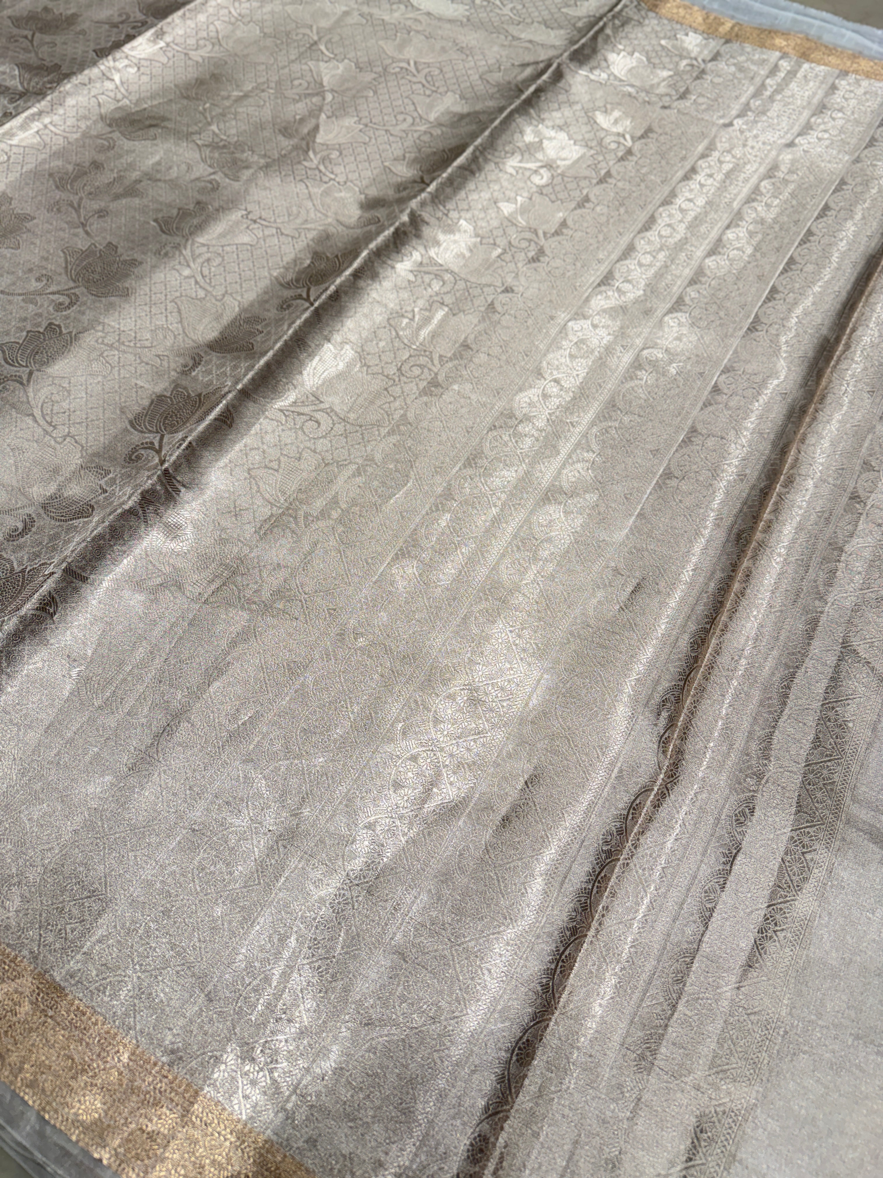 Silver Pure Woven Double Tissue Brocade Silk Saree