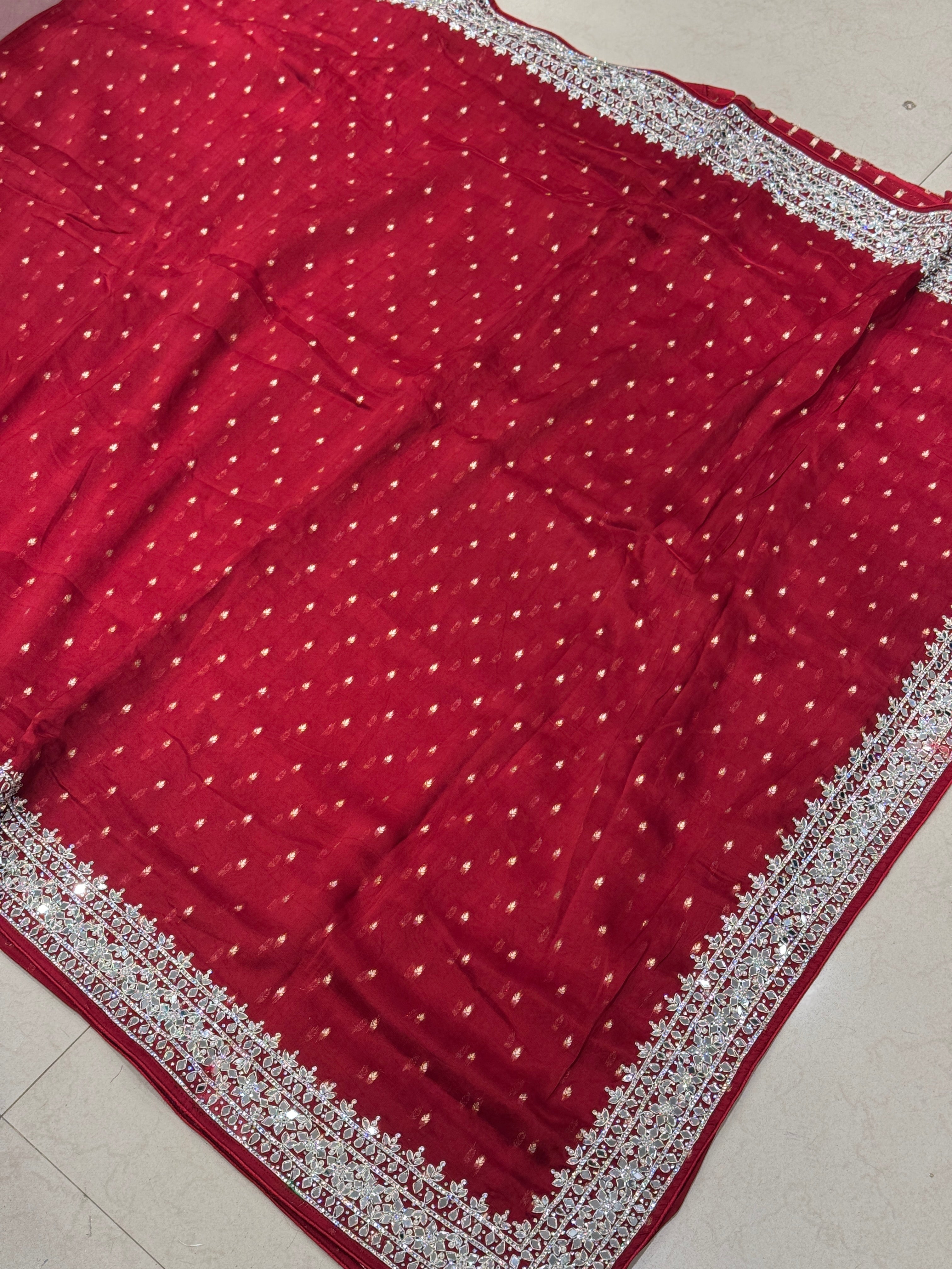 Red Satin Organza Mirror Hand Embroidery Saree
