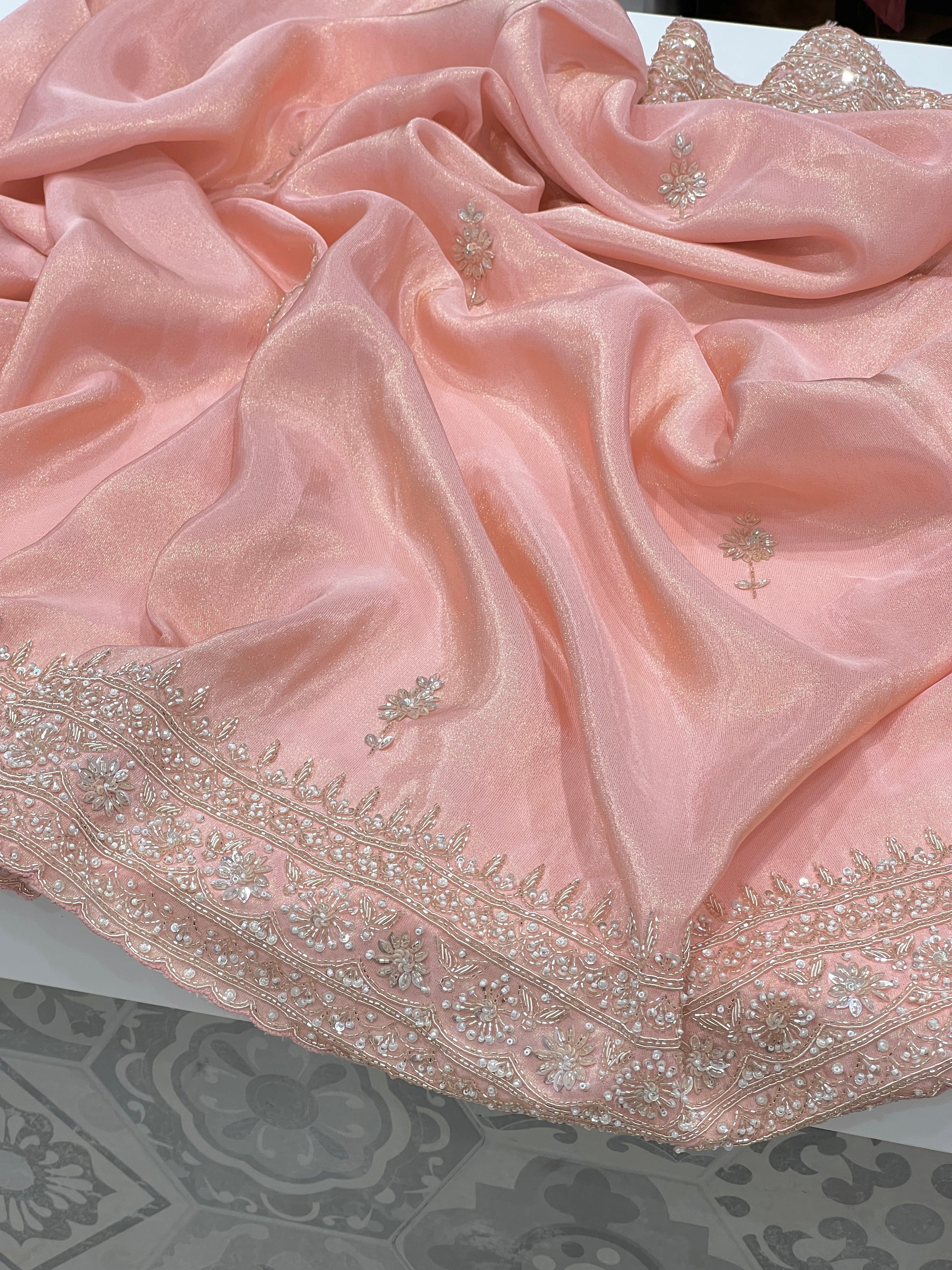 Pink Kareena Kapoor Inspired Crepe Tissue Embroidery Saree 2.0