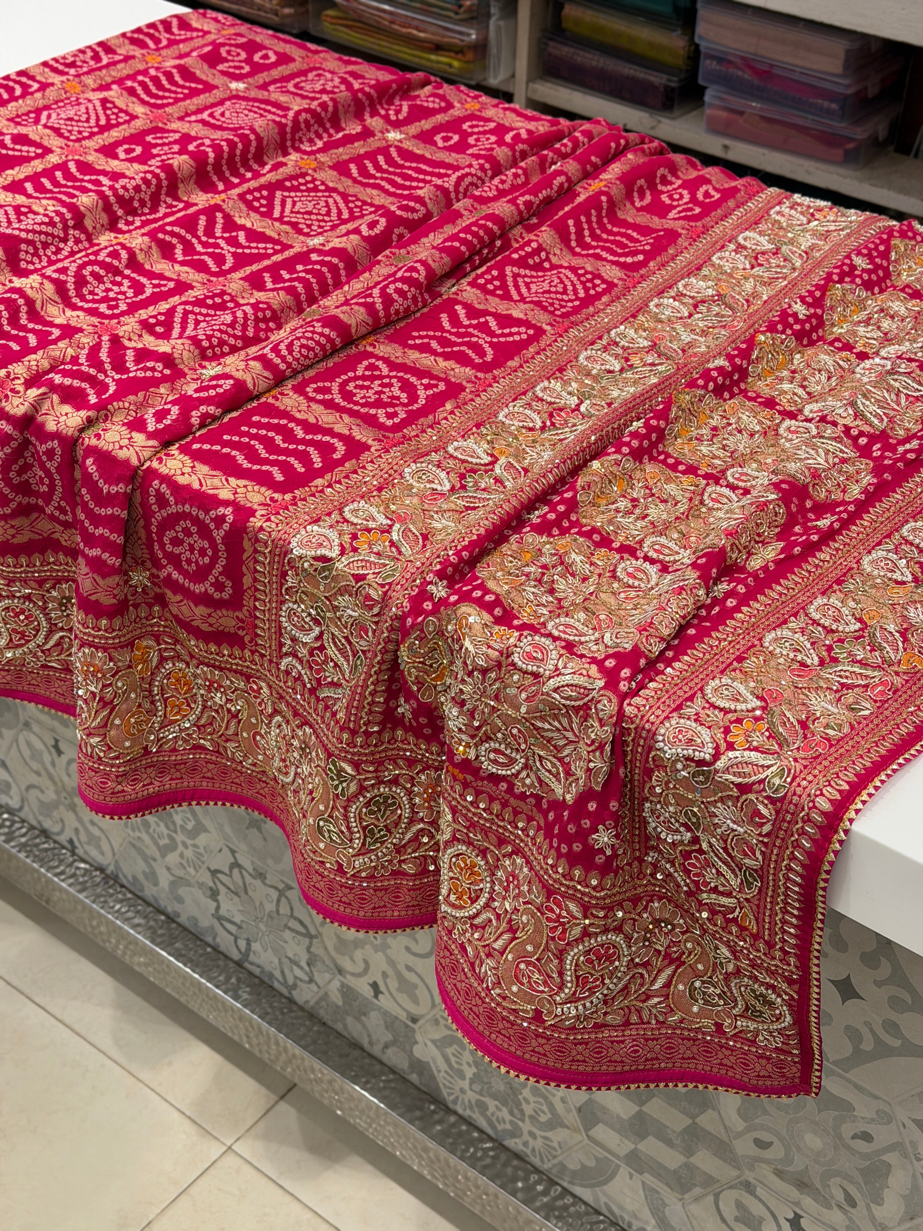 Rani Gharchola Weaved Bandhej Georgette Zardosi Hand Embroidery Saree