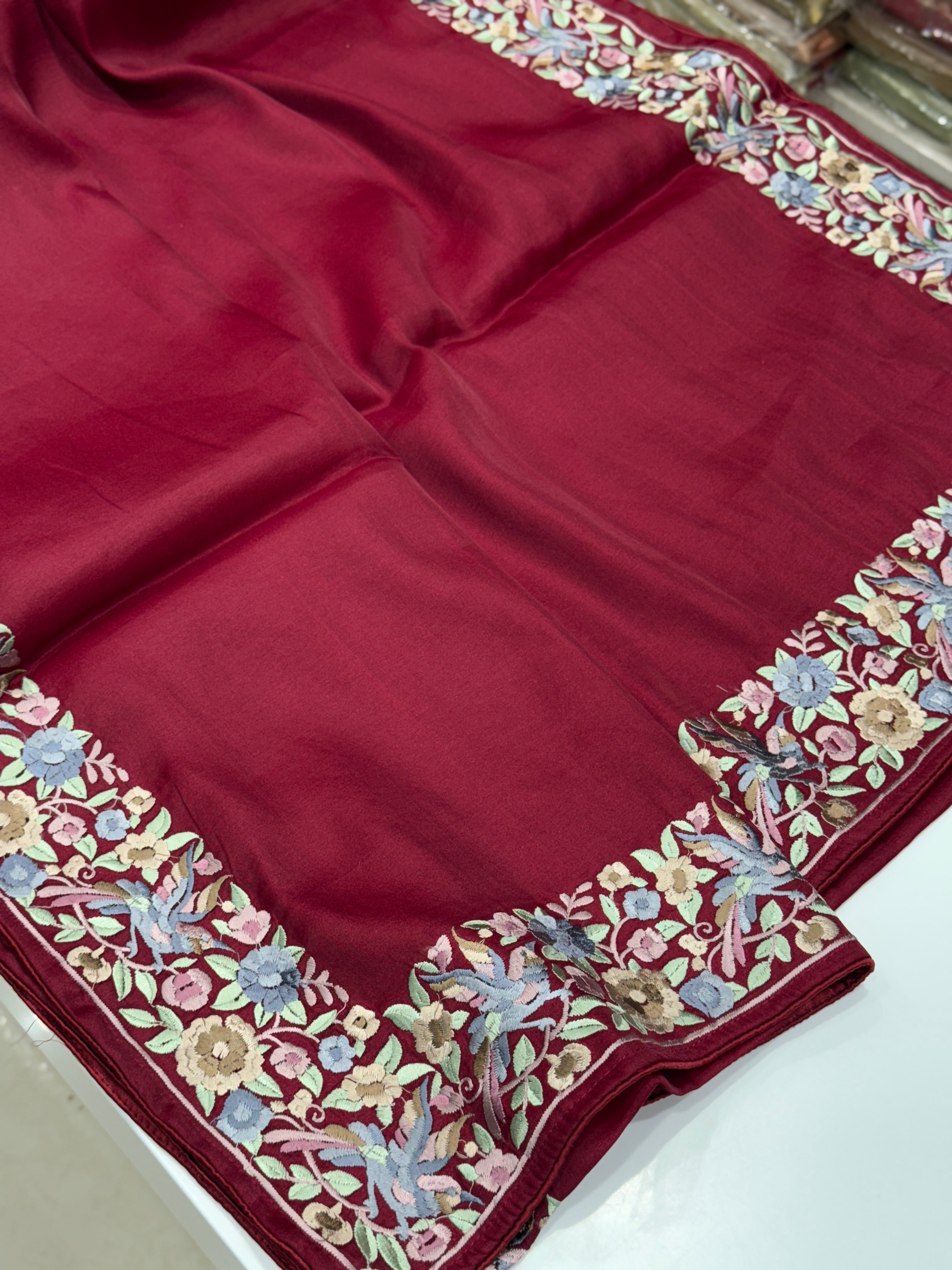 Maroon Silk Multi Colour Gara Border Saree