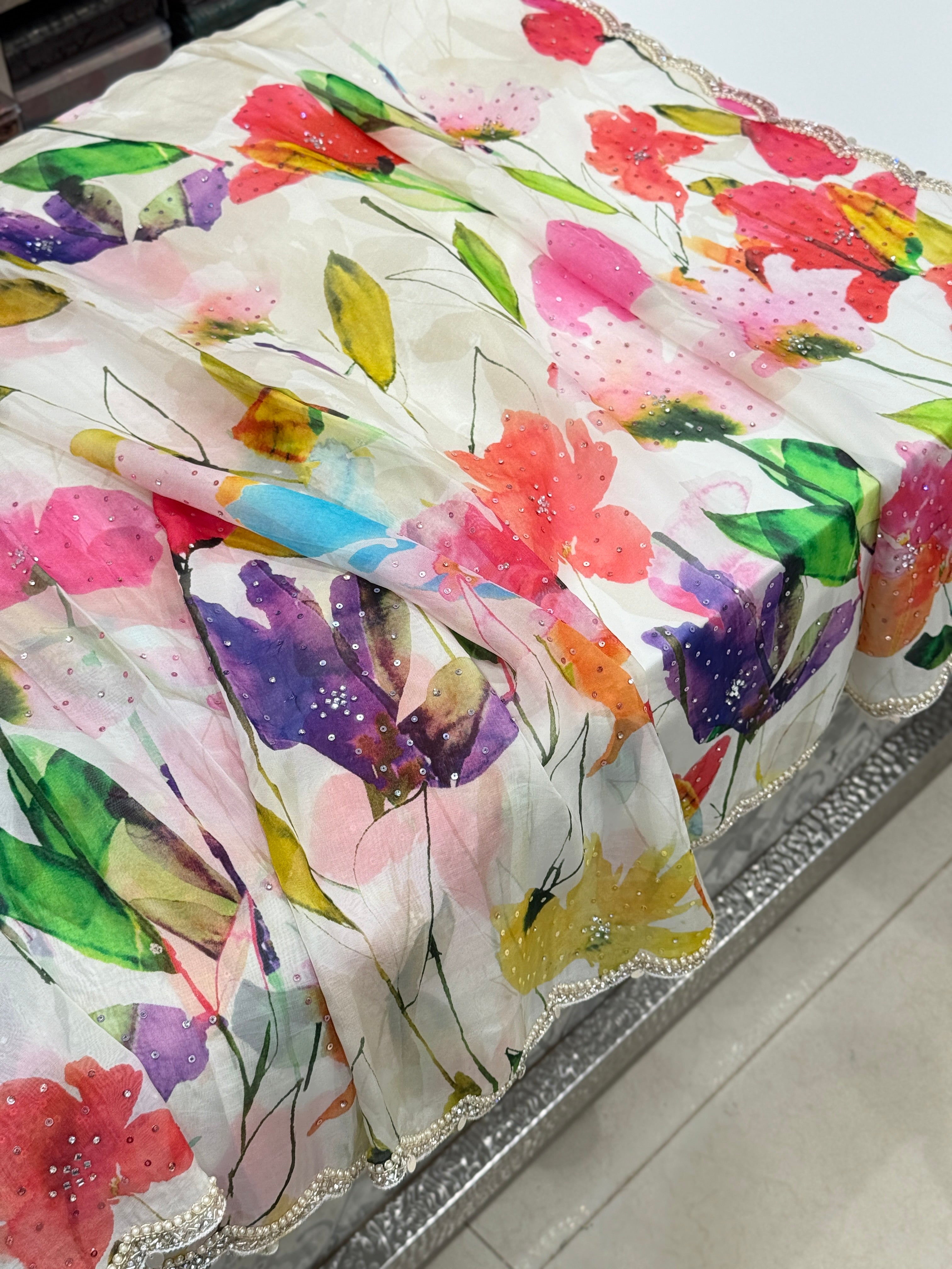 Multi Colour Print Muslin Border Hand Embroidery Saree