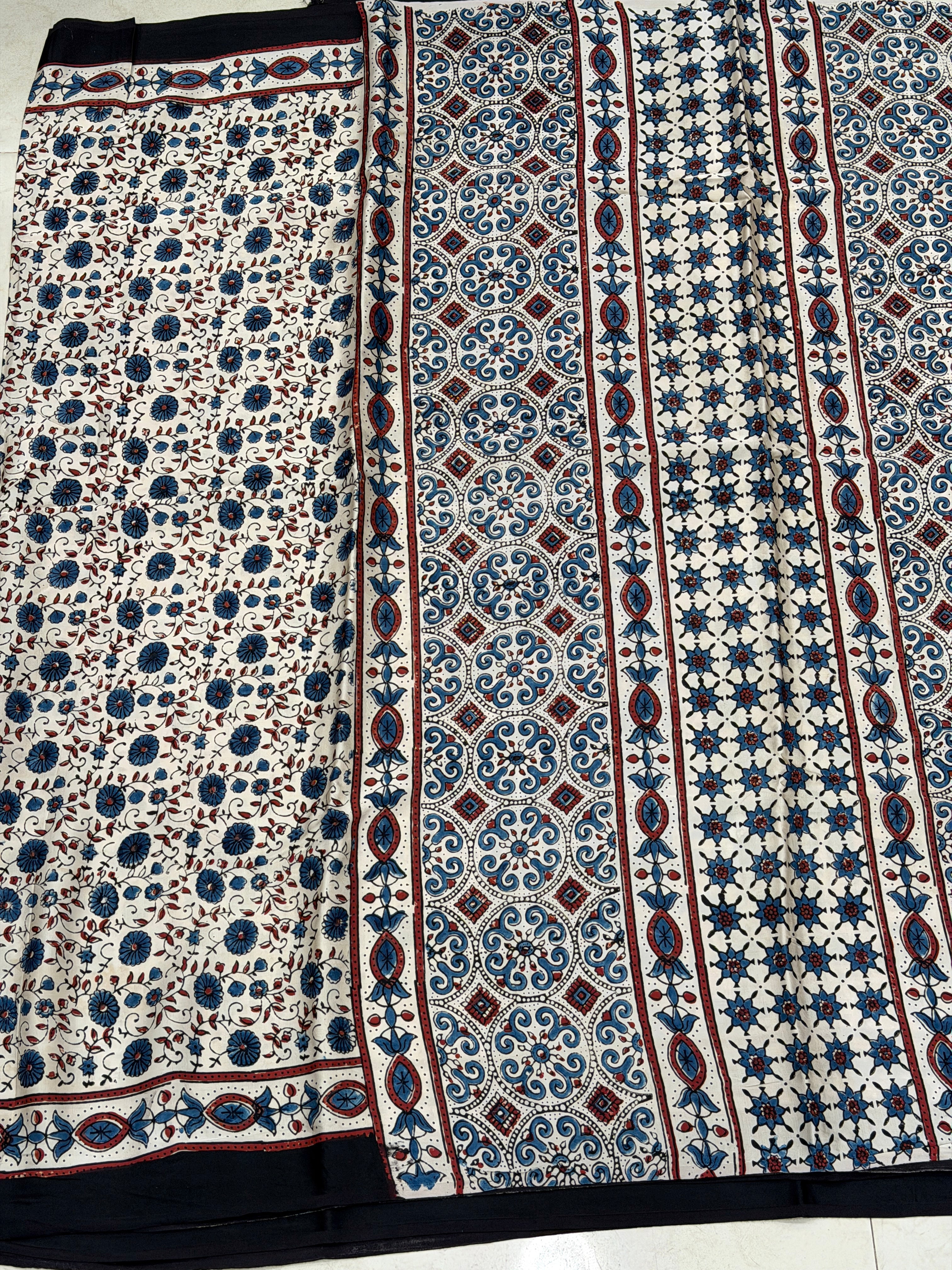 White Blue Flower Jaal Ajrakh Hand Block Print Pure Modal Silk Saree