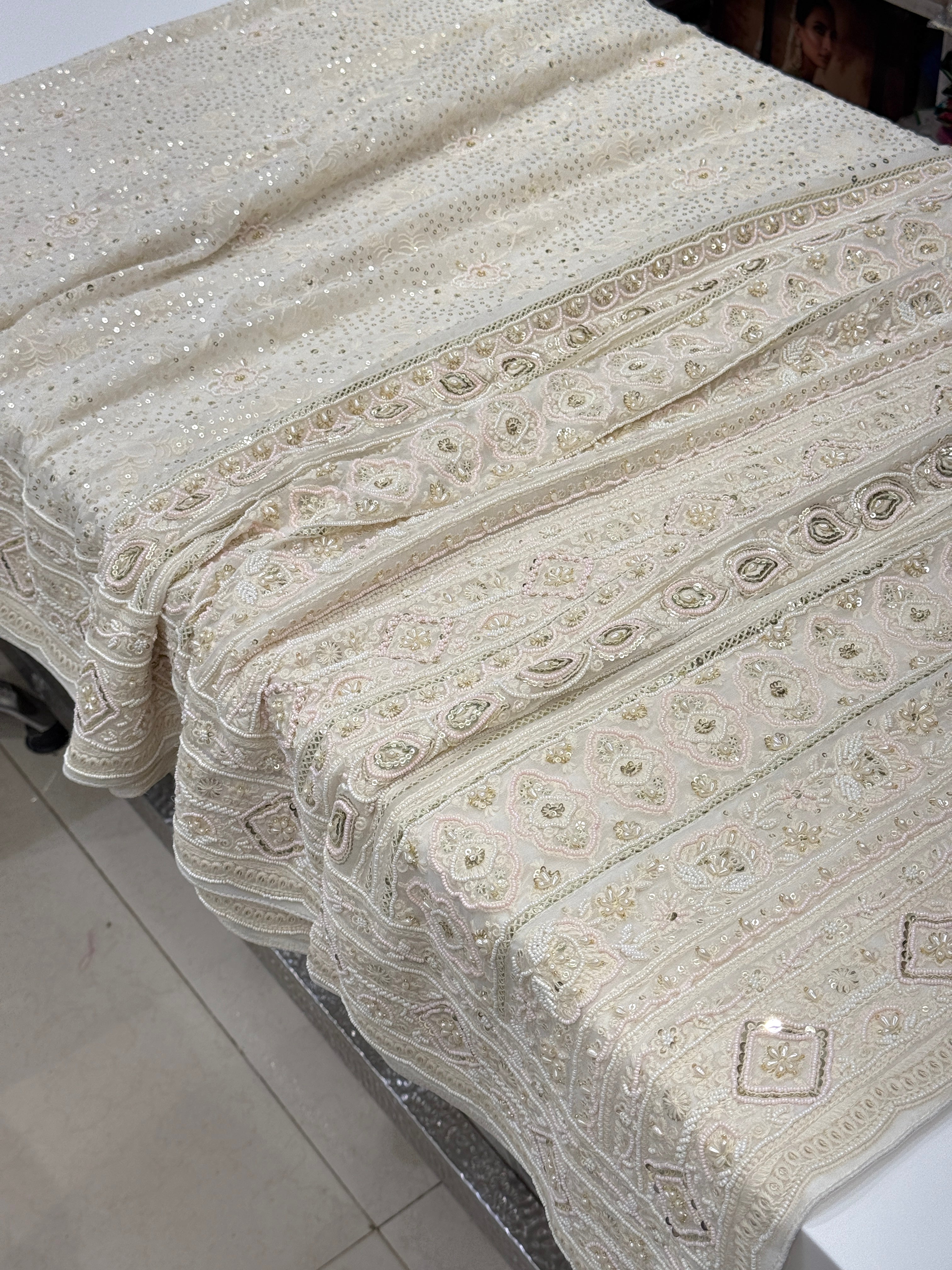 Off White Chikankari Moti Sequin Hand Embroidery Saree