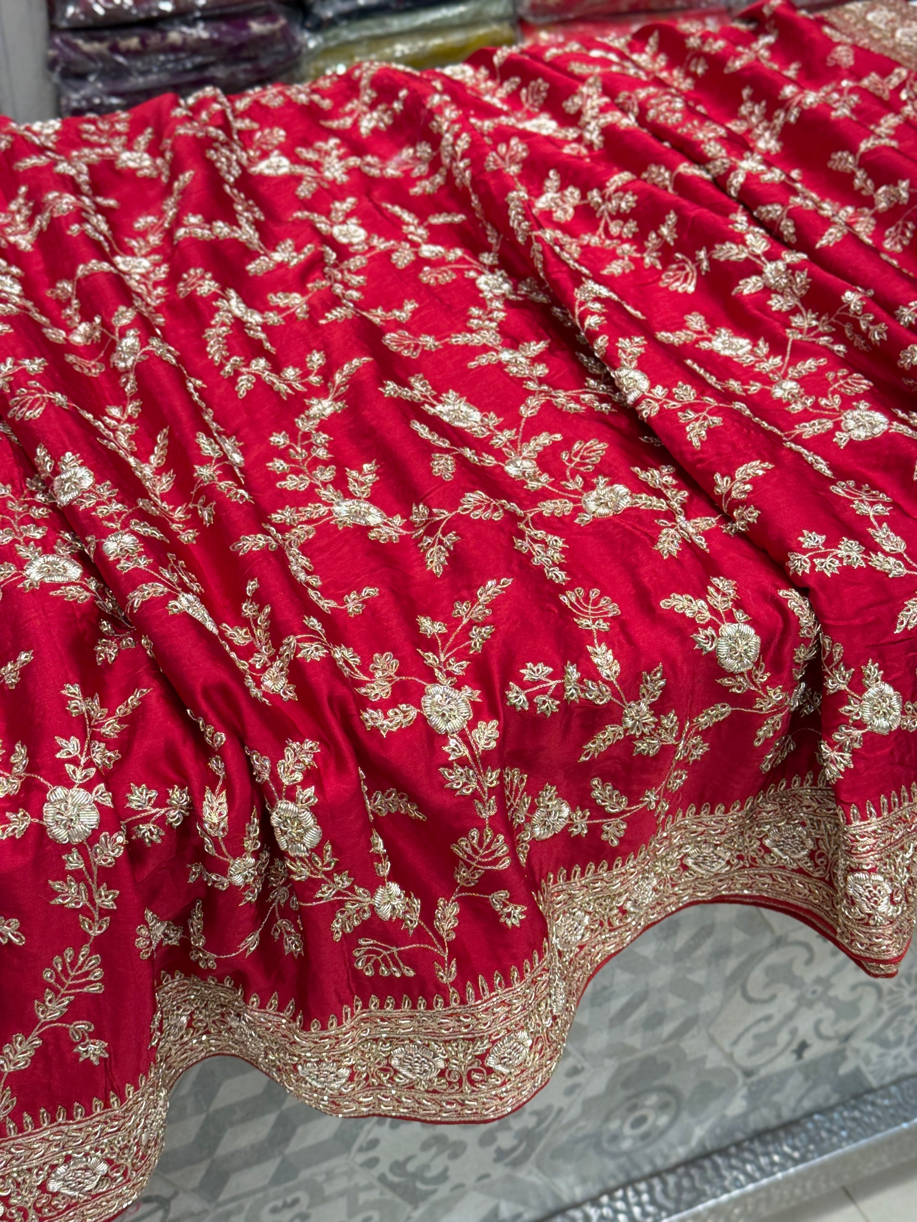 Red Hand Embroidery Mughal Jaal Pure Satin Zardosi Embroidery