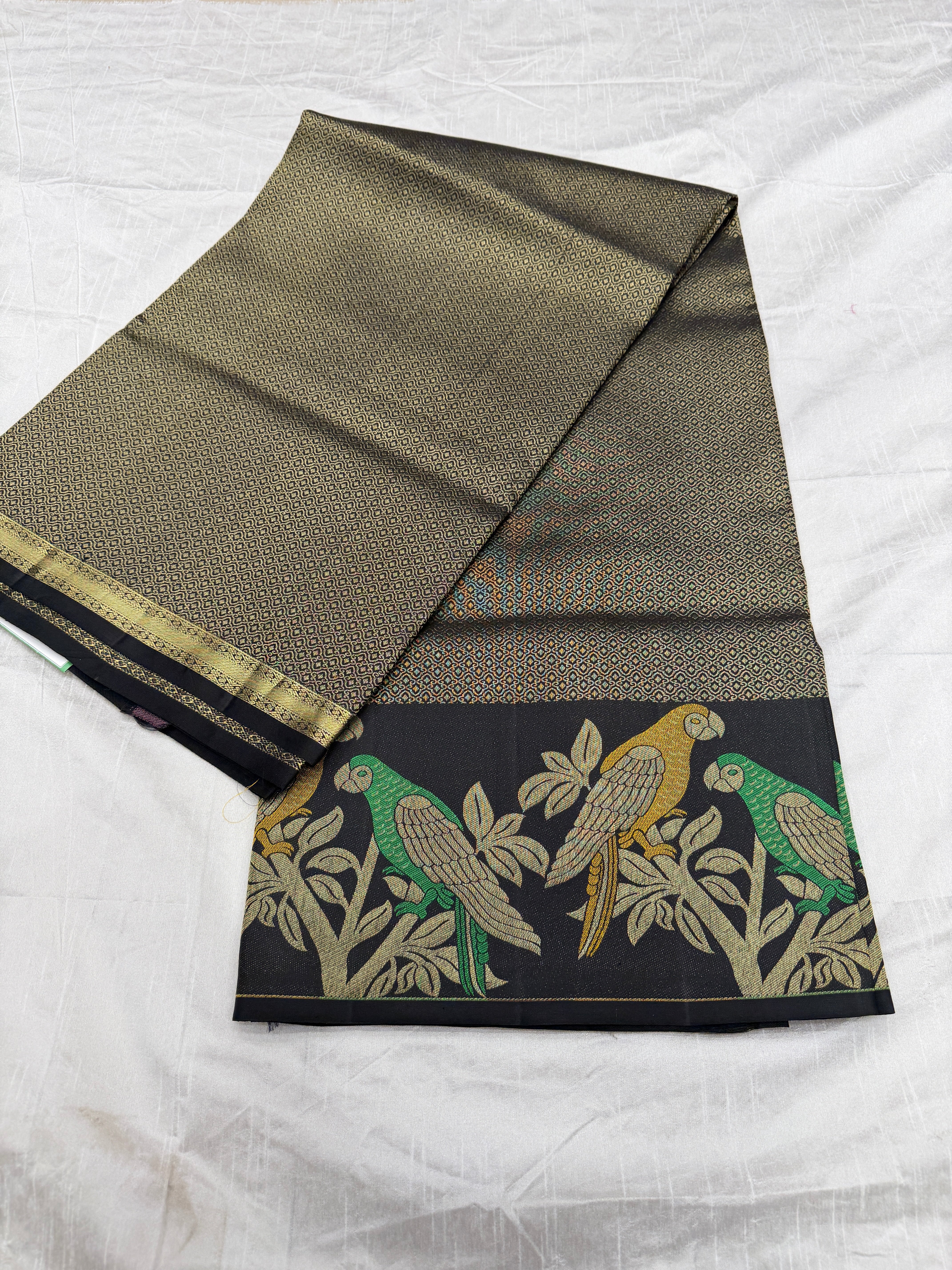 Black Parrot Deign Handloom Kanjivaram Tissue Silk Saree