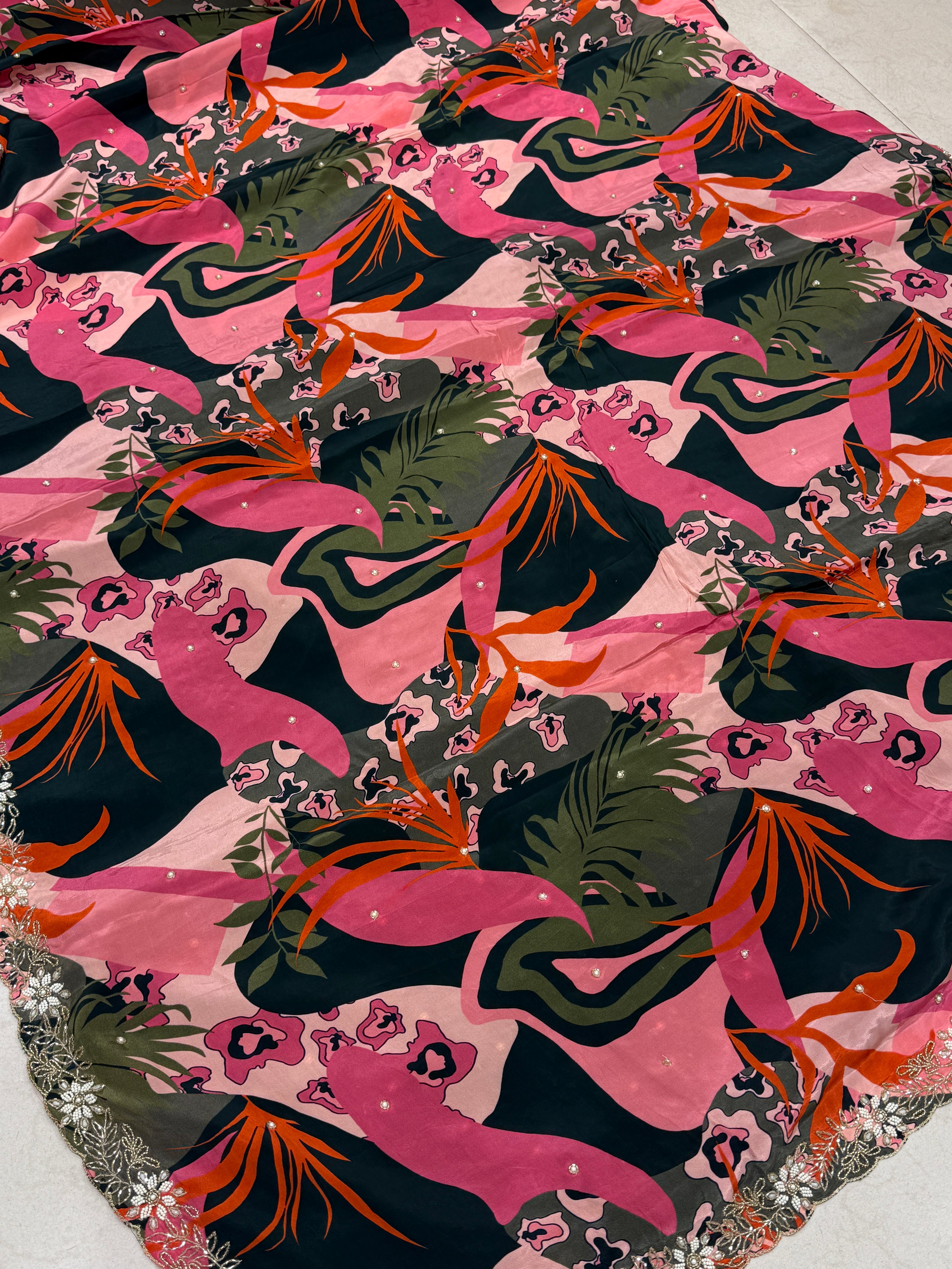 Bottle Green Floral Muslin Print Hand Embroidery Saree