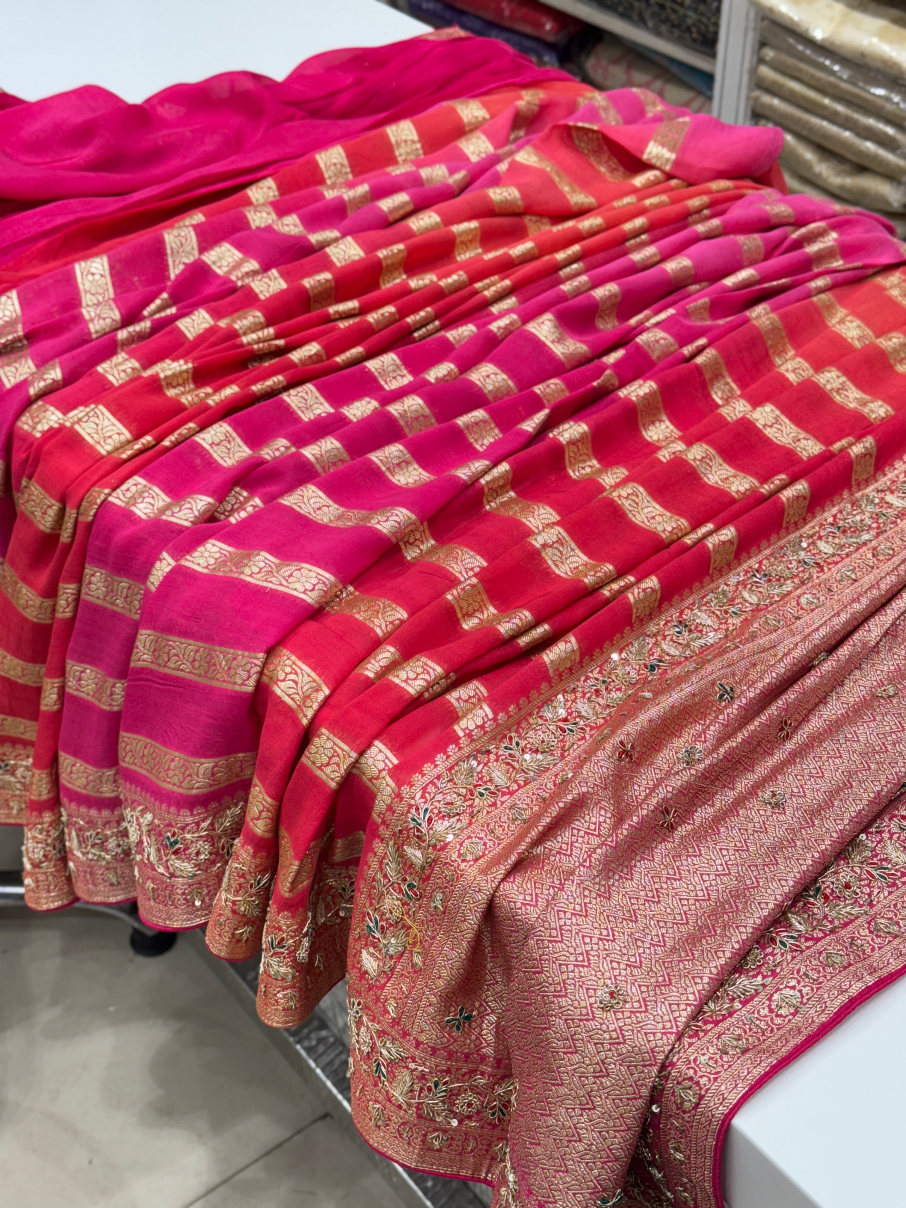 Shaded Satin Organza Zardosi Saree Leheriya Style