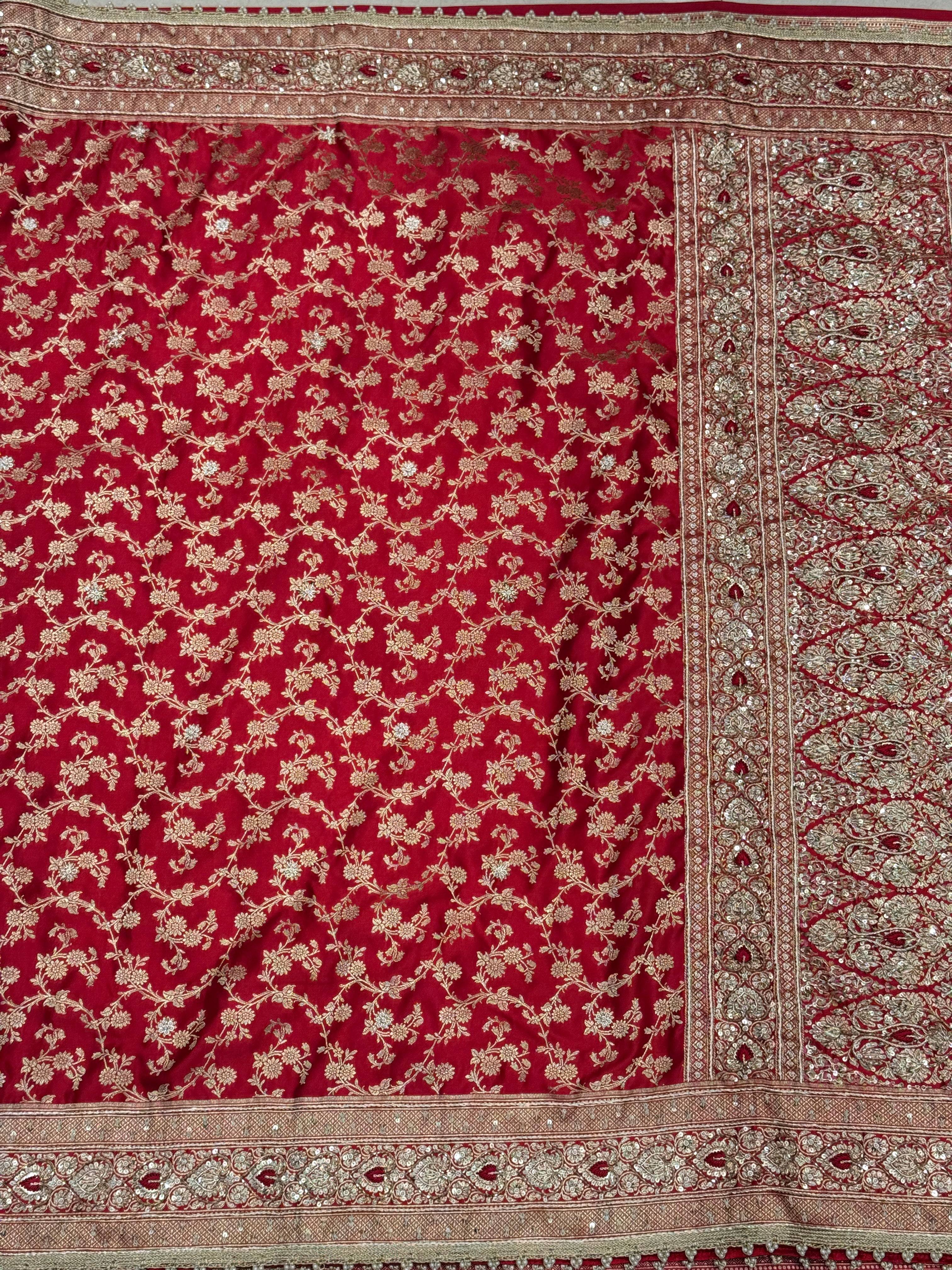Red Banarasi Silk Resham Zardosi Heart Border Embroidery Saree