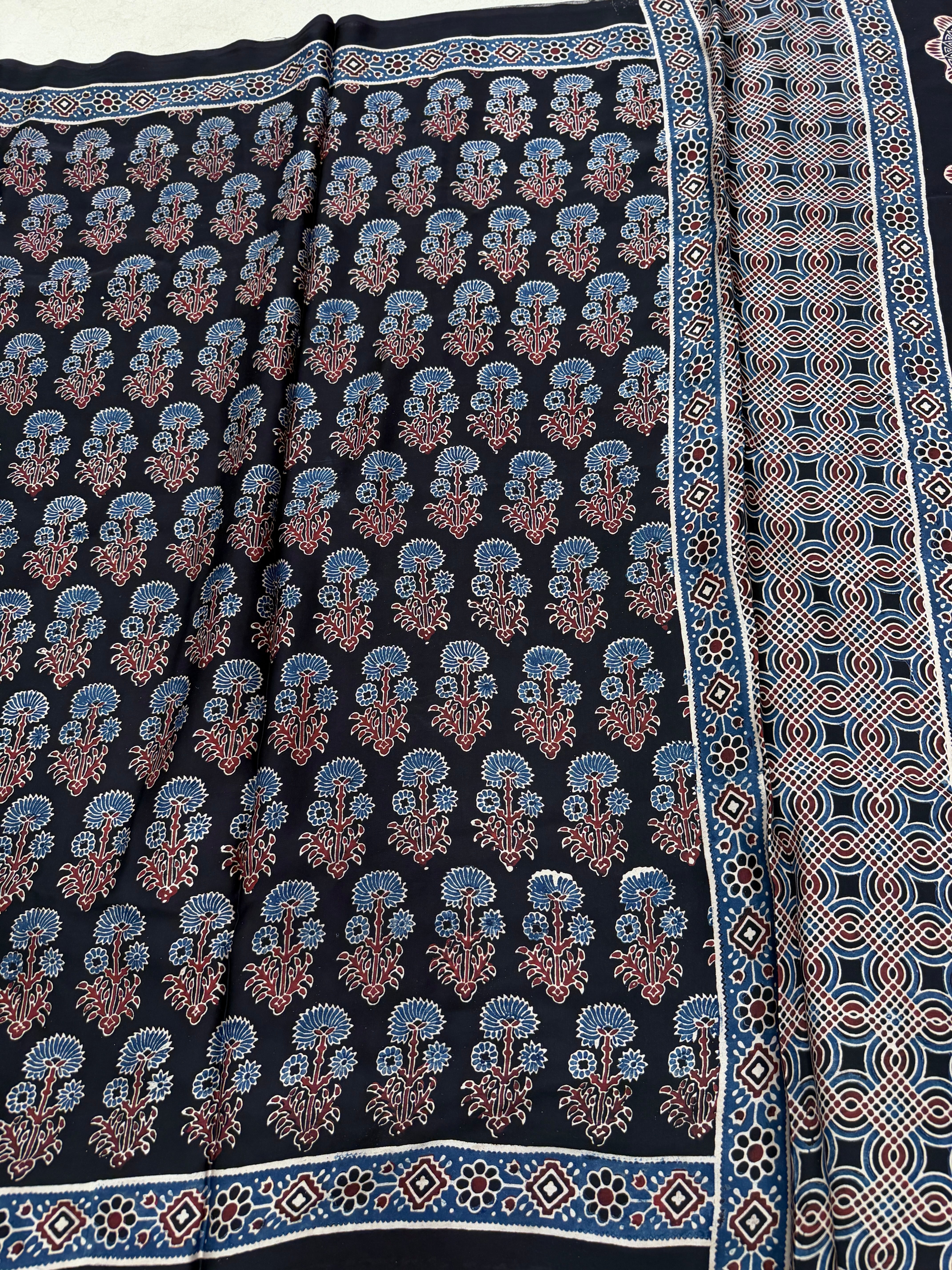 Black Floral Butta Ajrakh Hand Block Print Pure Gajji Silk Saree