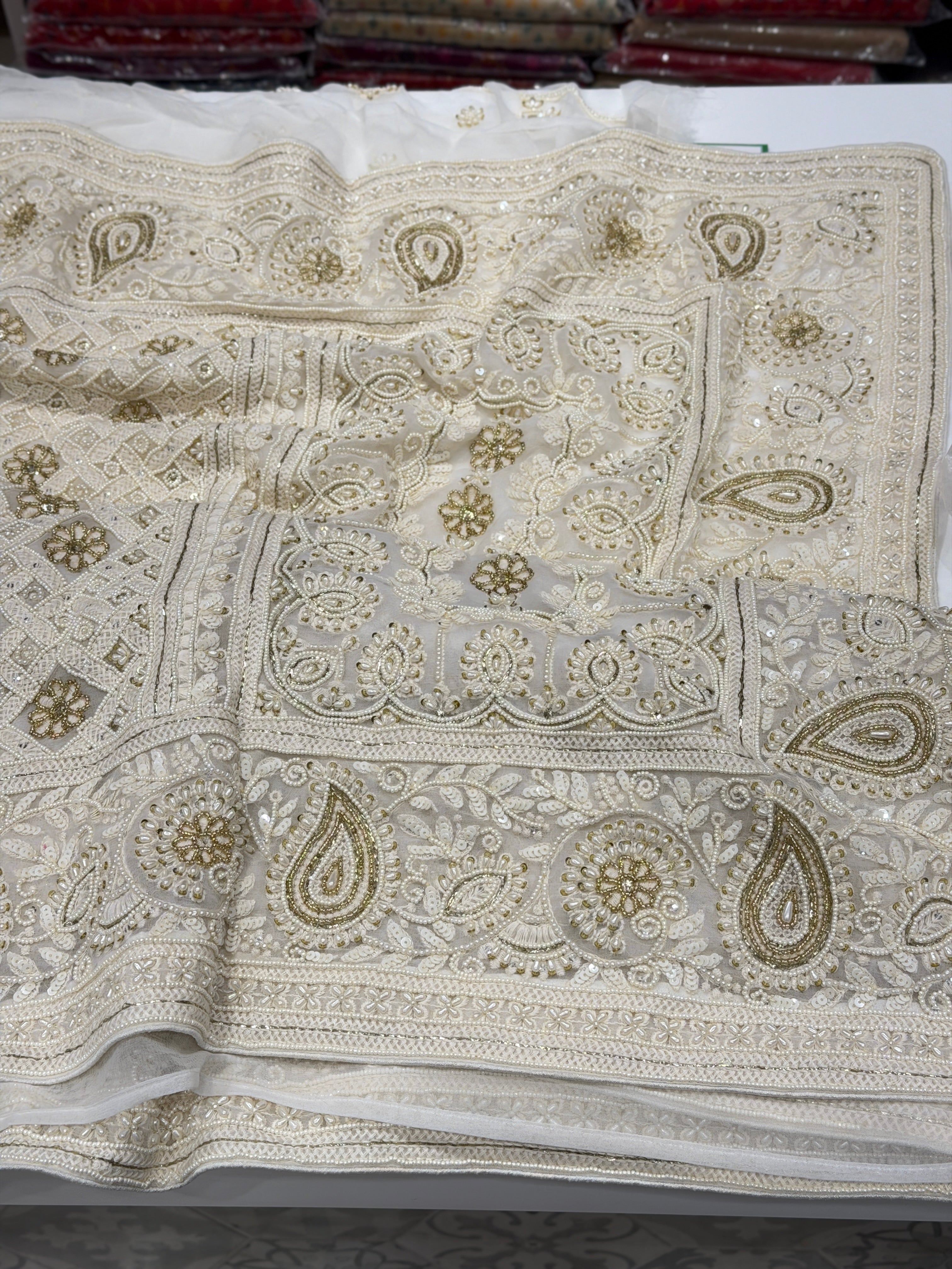 Moti White Georgette Chikankari Moti Sequin Hand Embroidery Saree