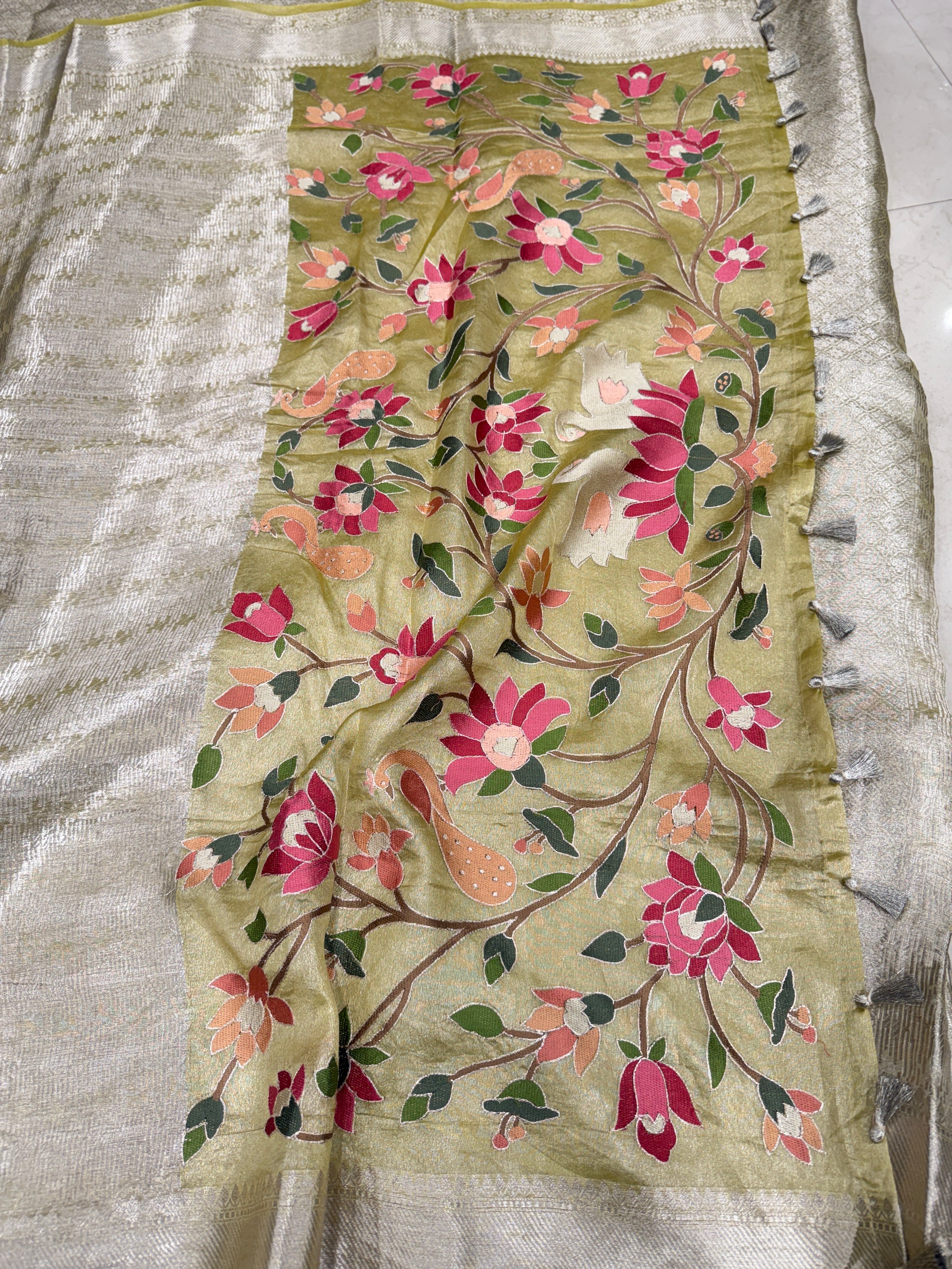 Yellow Silver Handloom Tissue Swans Contemporary Resham Embroidery Saree