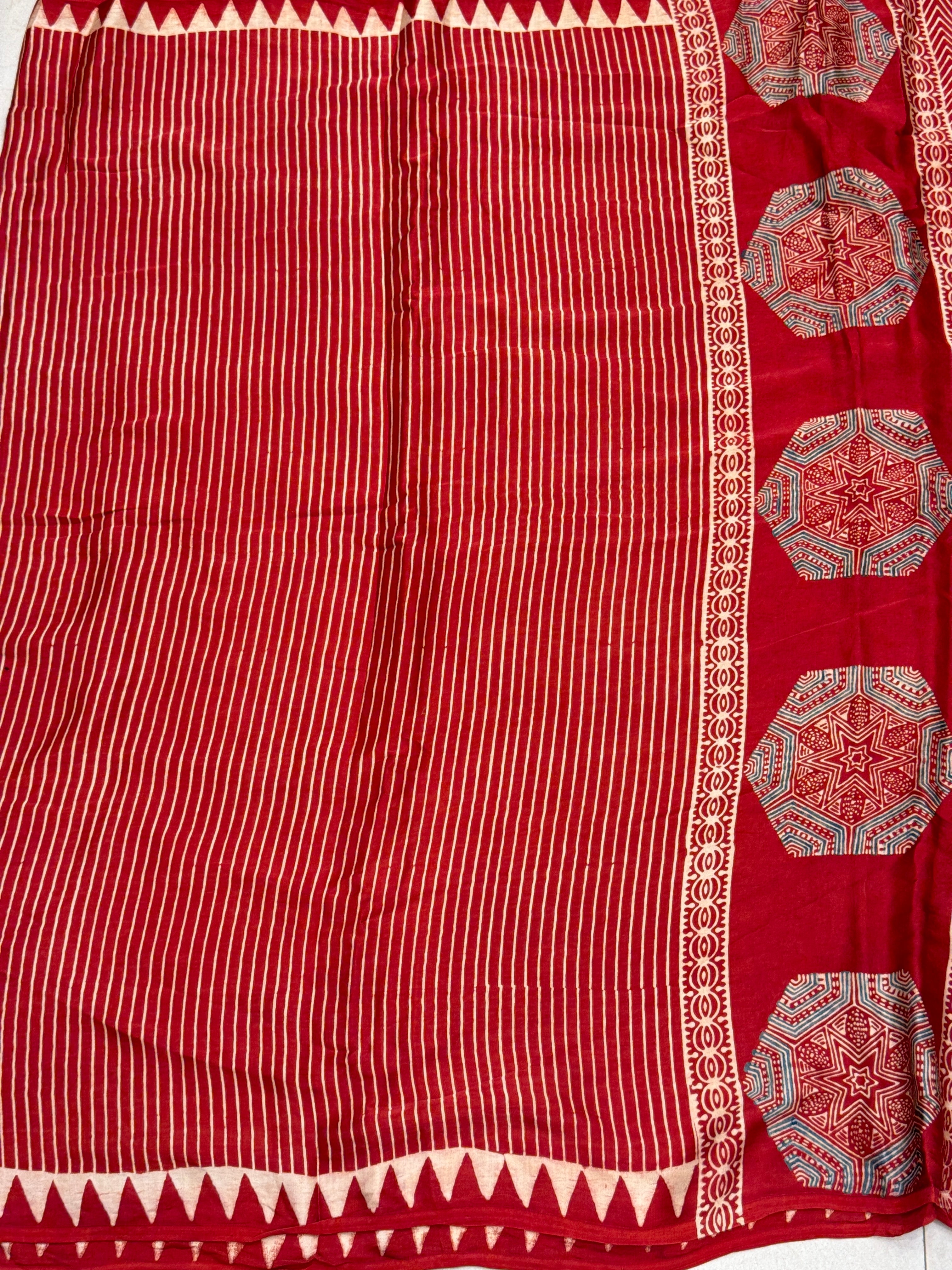 Red Hexa Butta Pallu Ajrakh Hand Block Print Pure Gajji Silk Saree