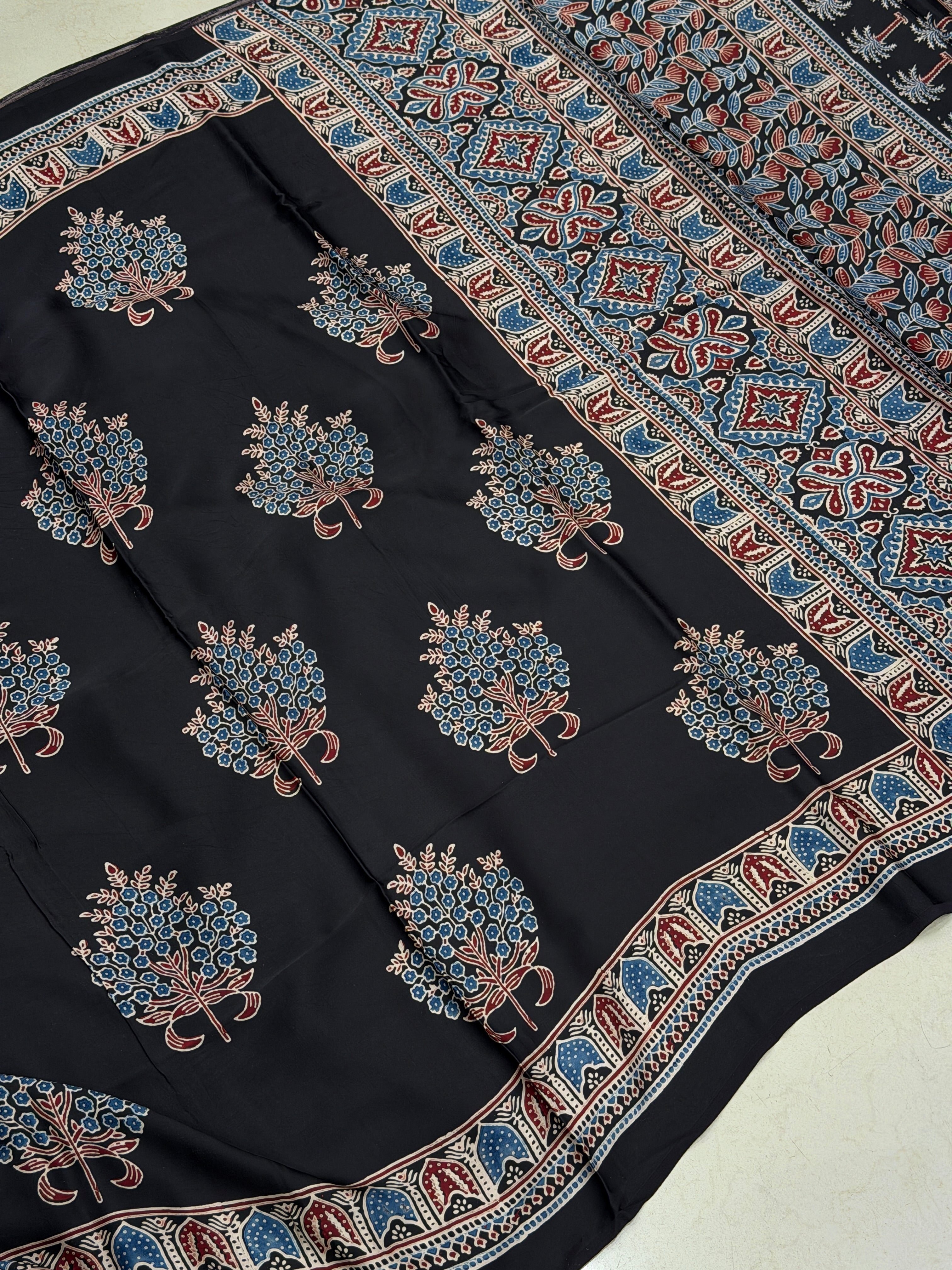 Cherry Blossom Butta Ajrakh Hand Block Print Pure Modal Silk Saree