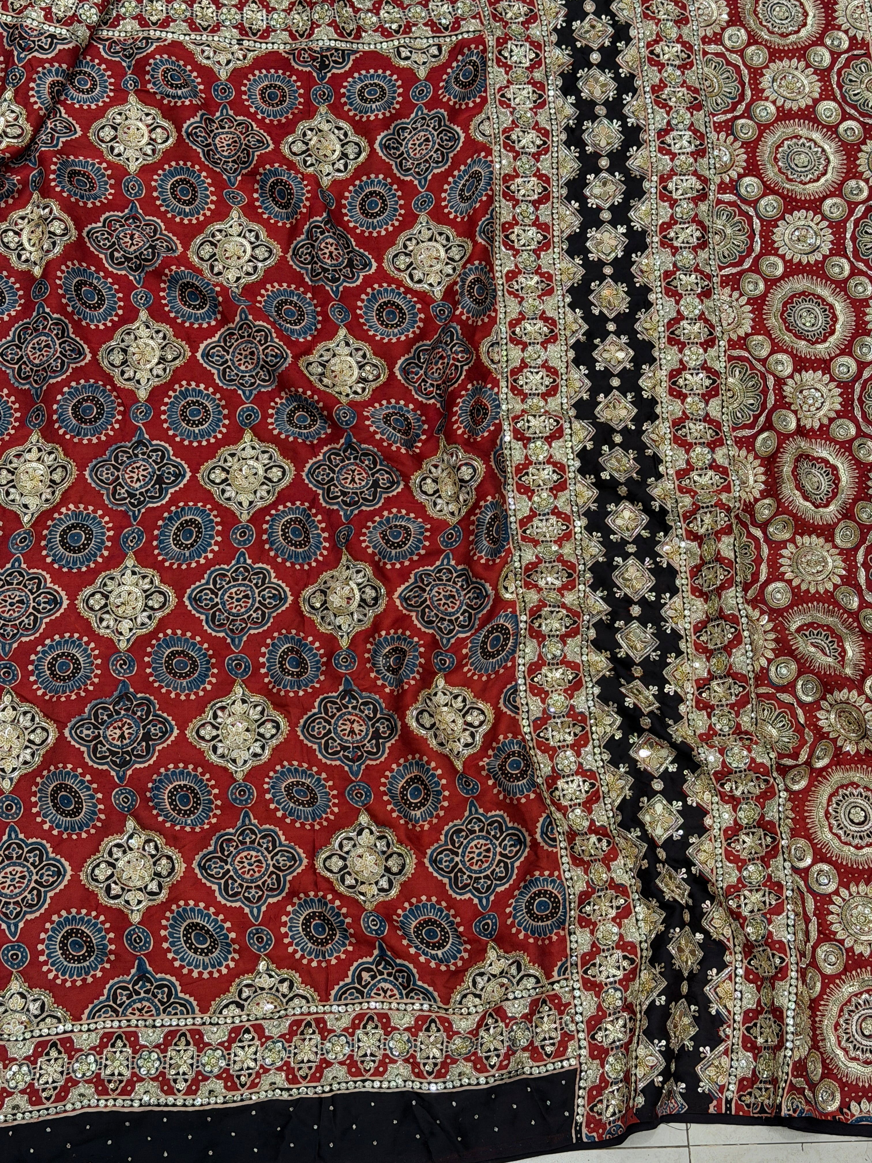 Red Black Badam Jaal Pita Sequin Ajrakh Hand Embroidery Saree
