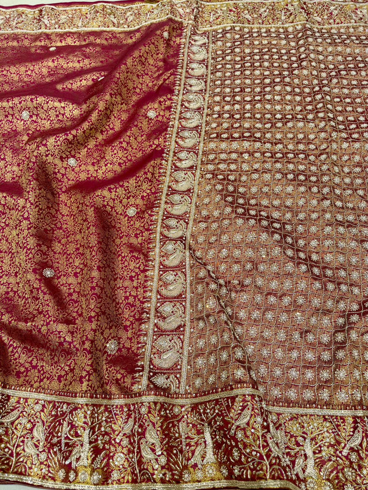 Maroonish Wine Kanjivaram Landscape Zardosi Hand Embroidery Saree