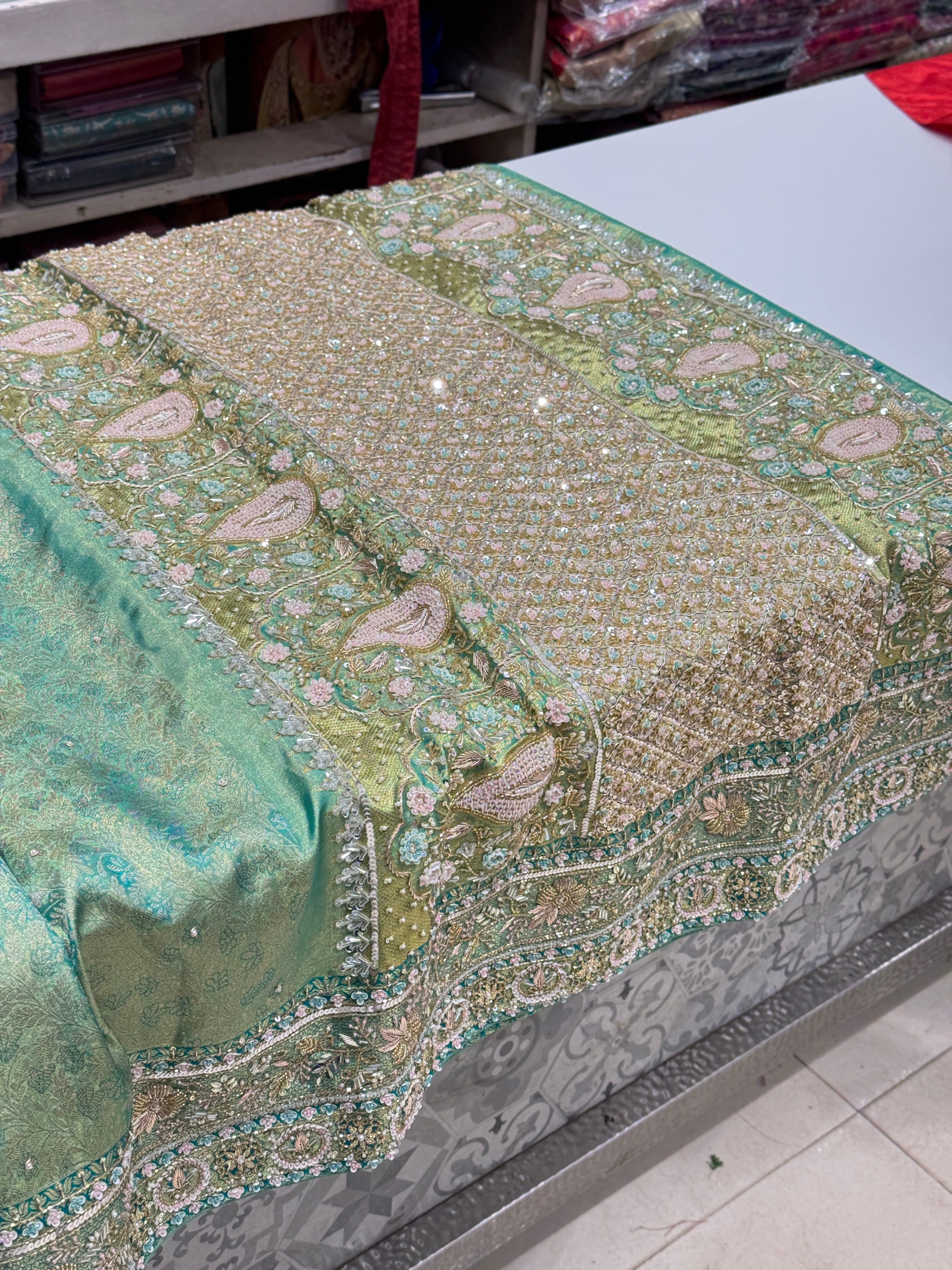 Pista Green Tissue Kanjivaram Hand Embroidery Saree