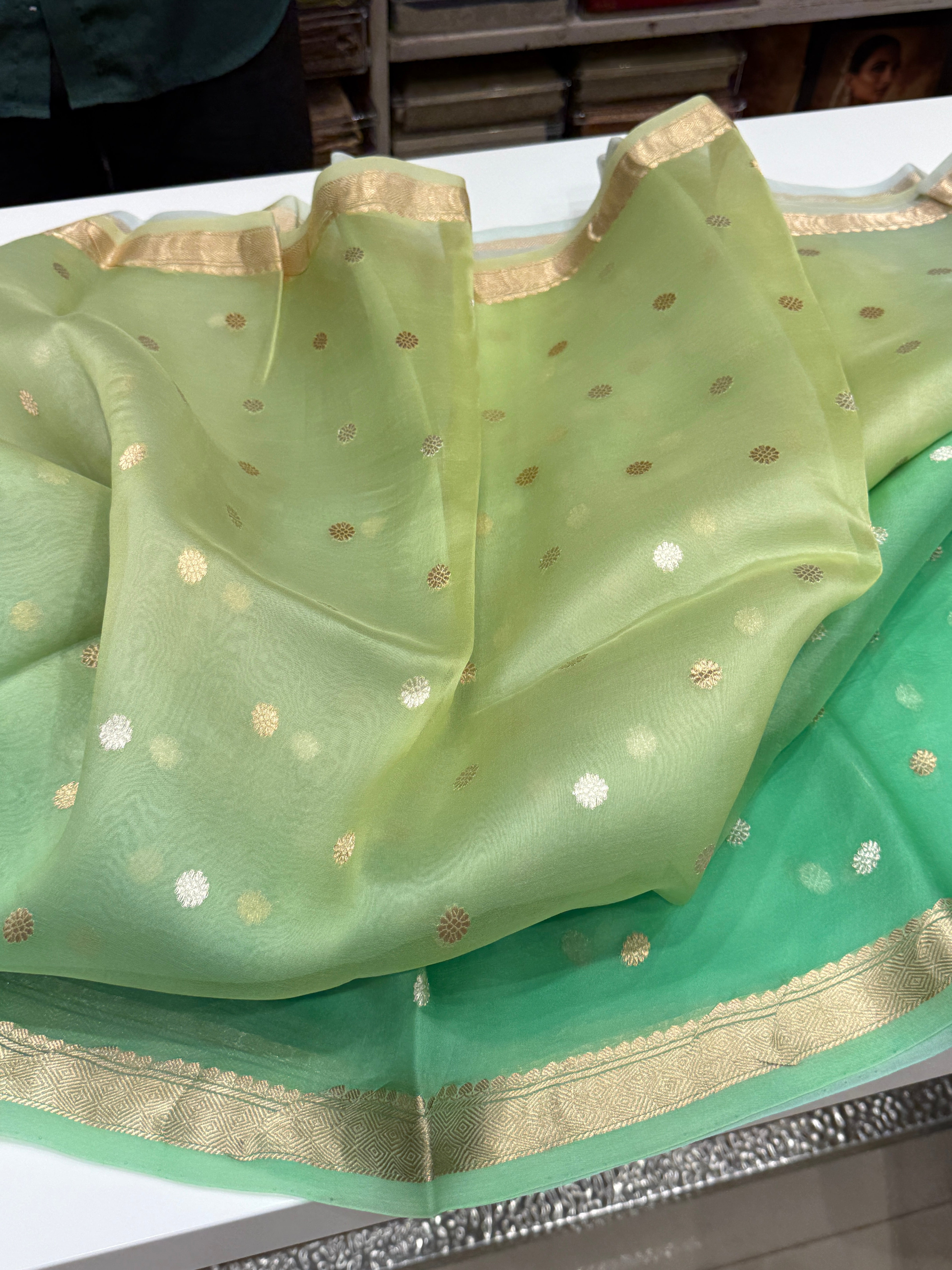 Green Shaded Banarasi Handloom Kora Saree