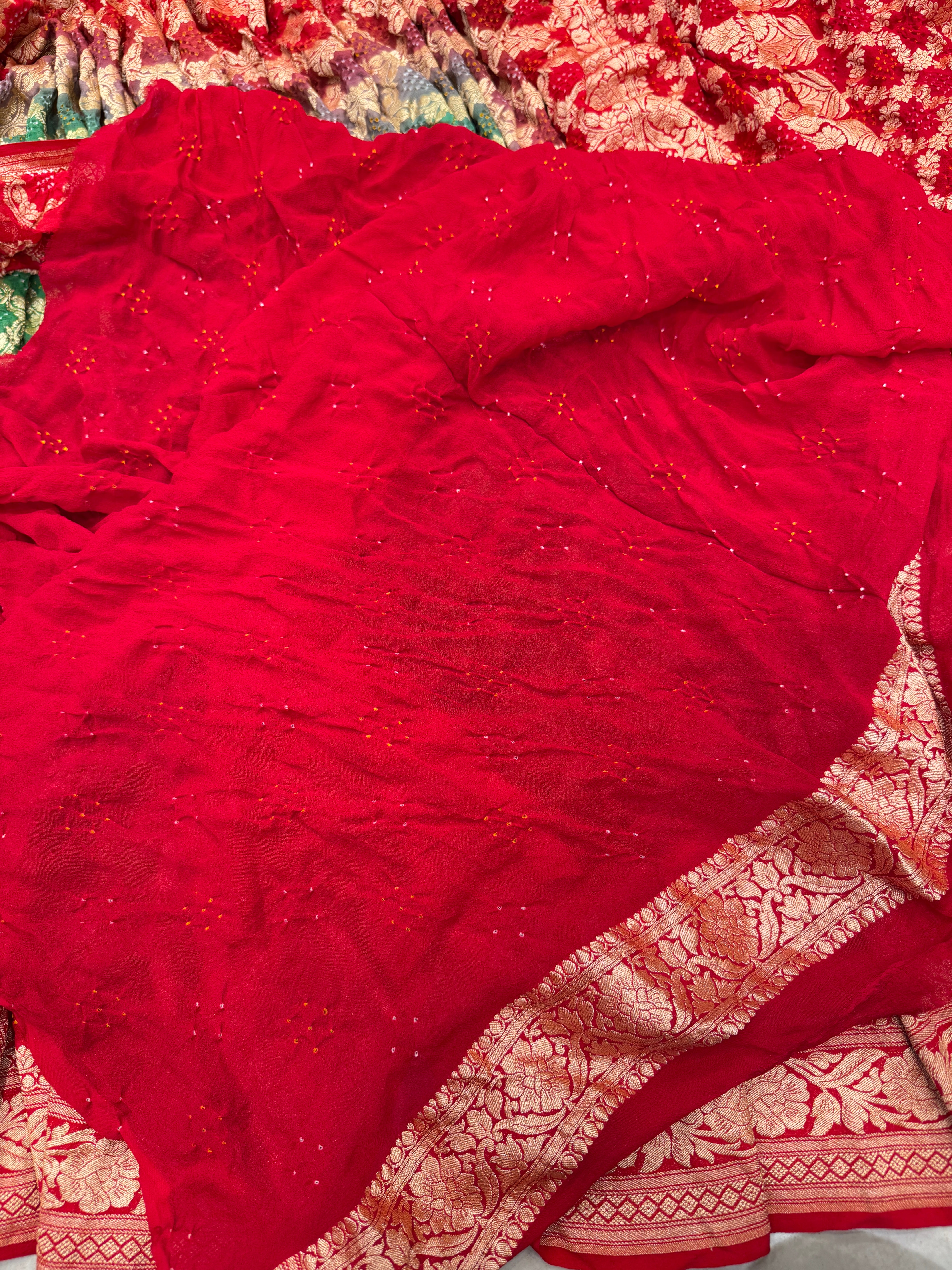 Red Green Shaded Bandhej Shaded Saree