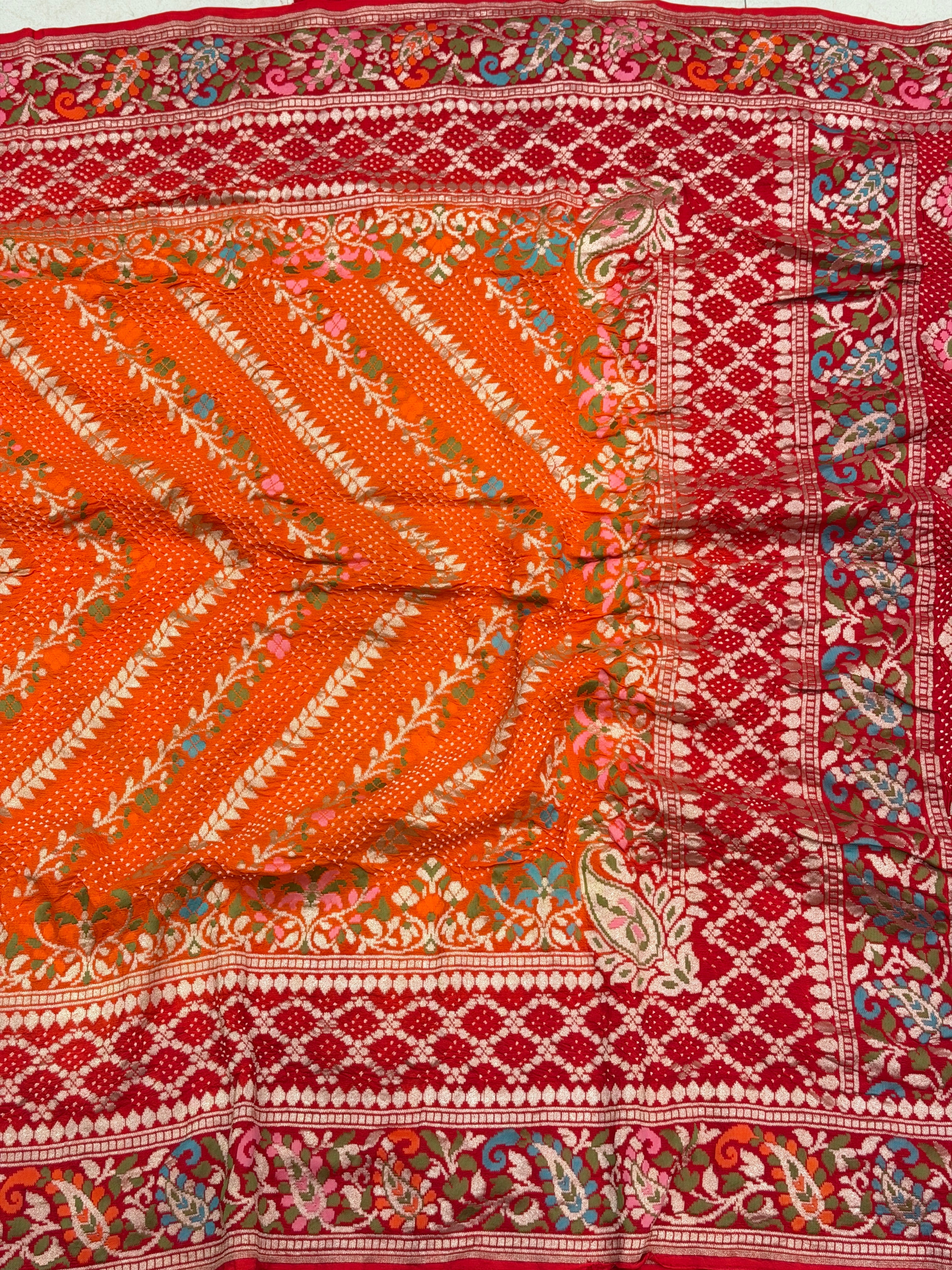 Orange Red Shaded Pashmina Style Double Border Meenakari Rai Bandhej Georgette Saree