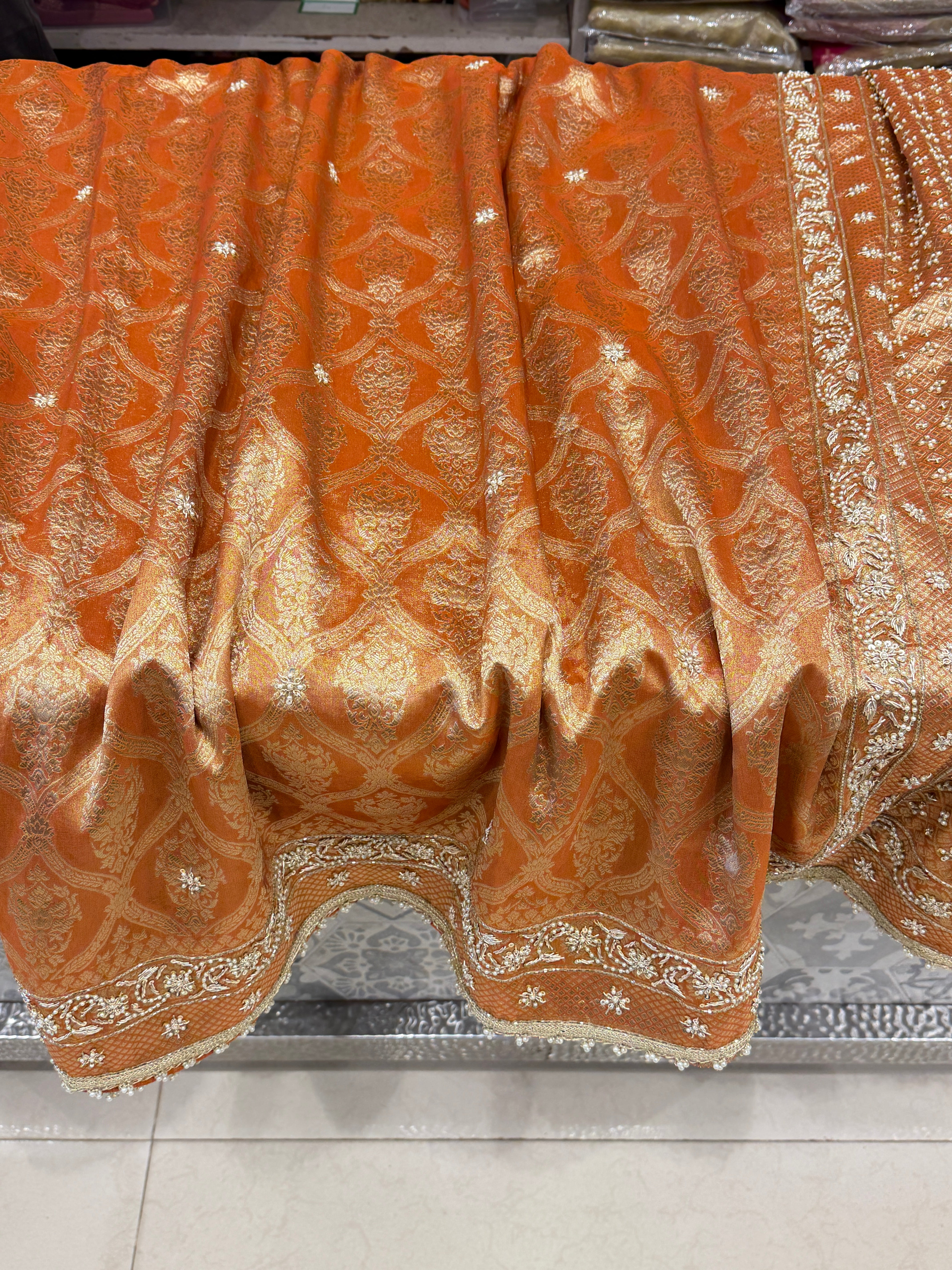 Rust Orange Tissue Banarasi Zardosi Moti Hand Embroidery Saree