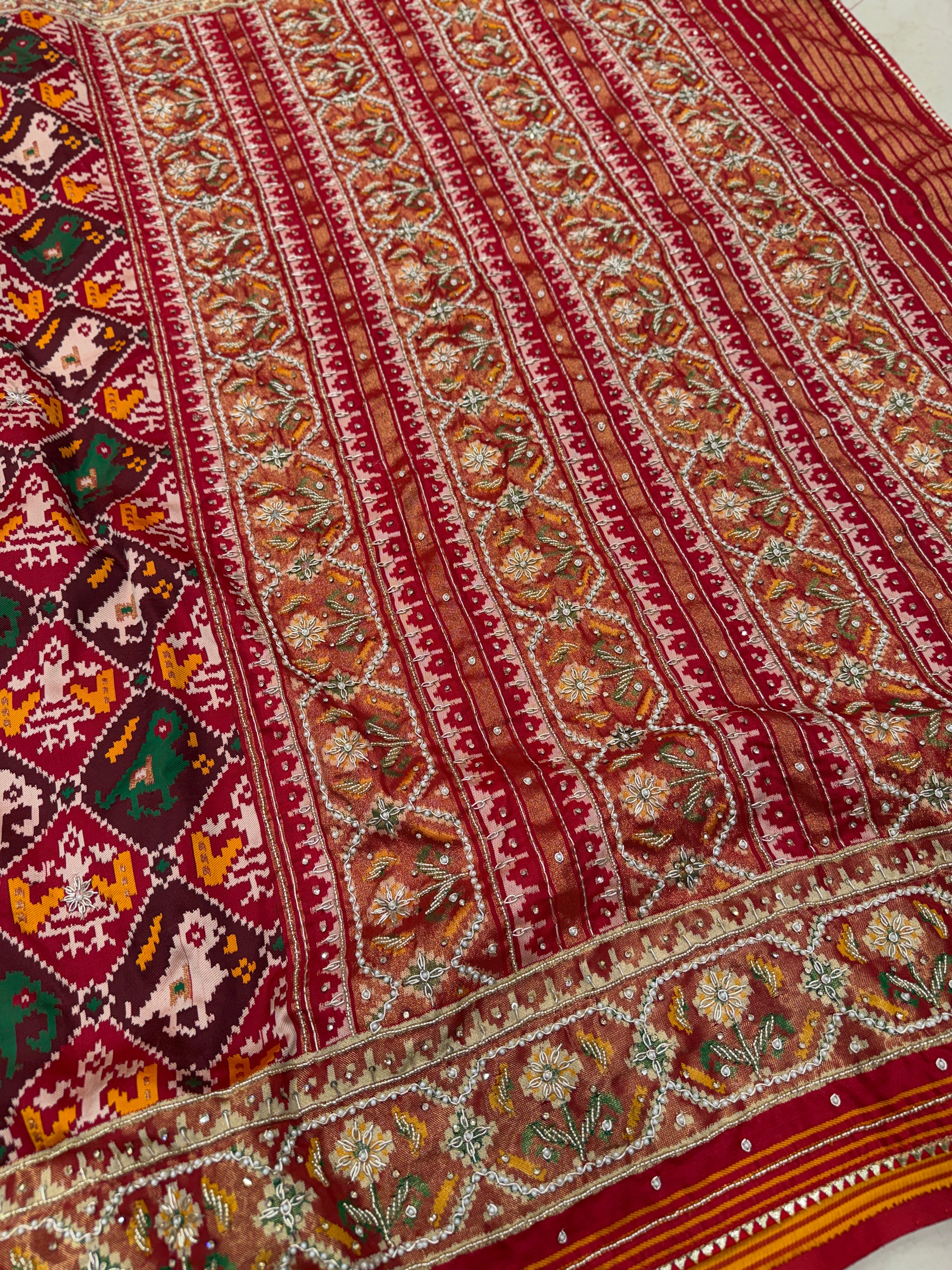 Maroon Patola Check Hand Embroidery Saree