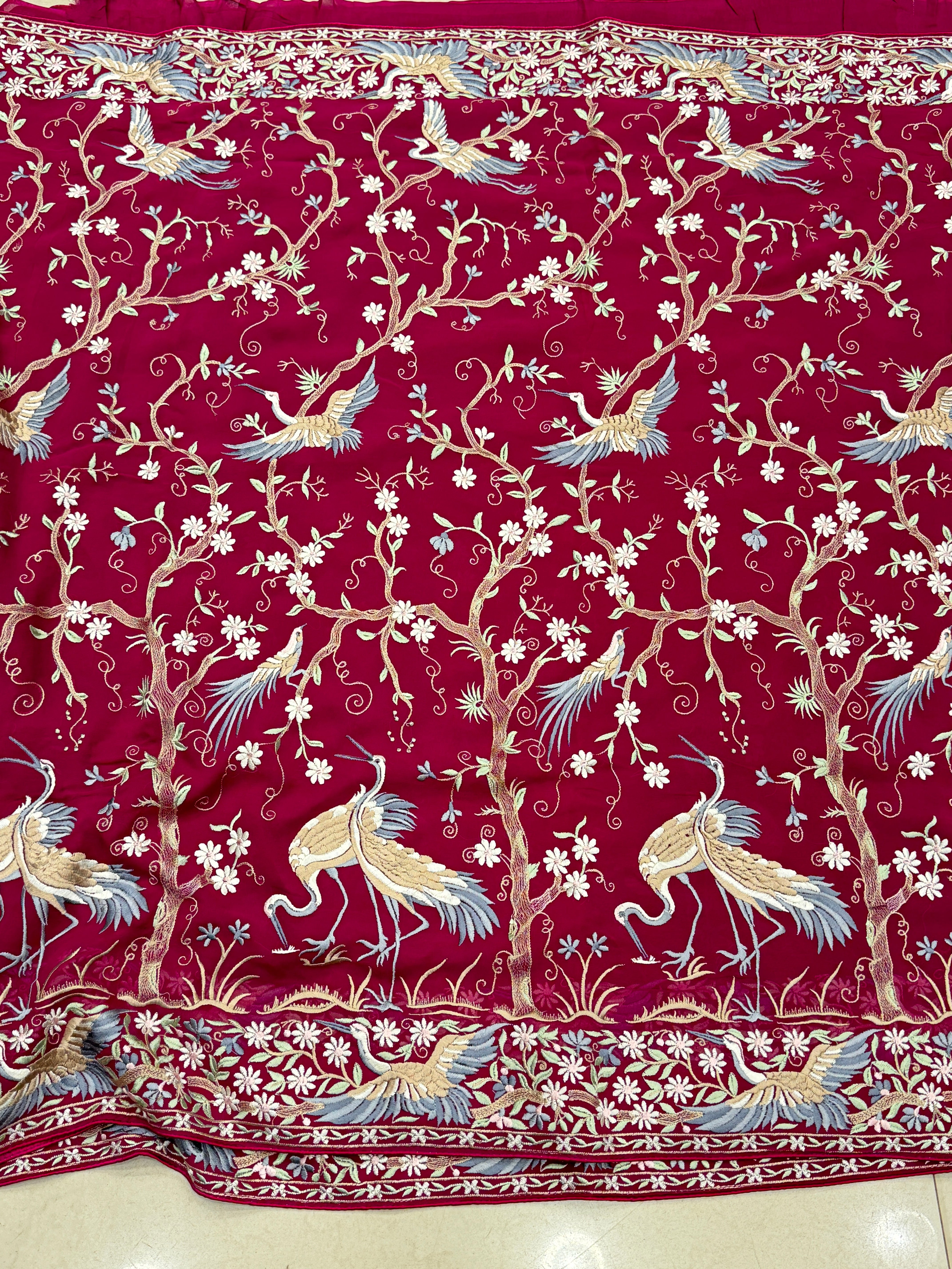 Cross Wine Tree Of Life Flamingo Parsi Gara Saree