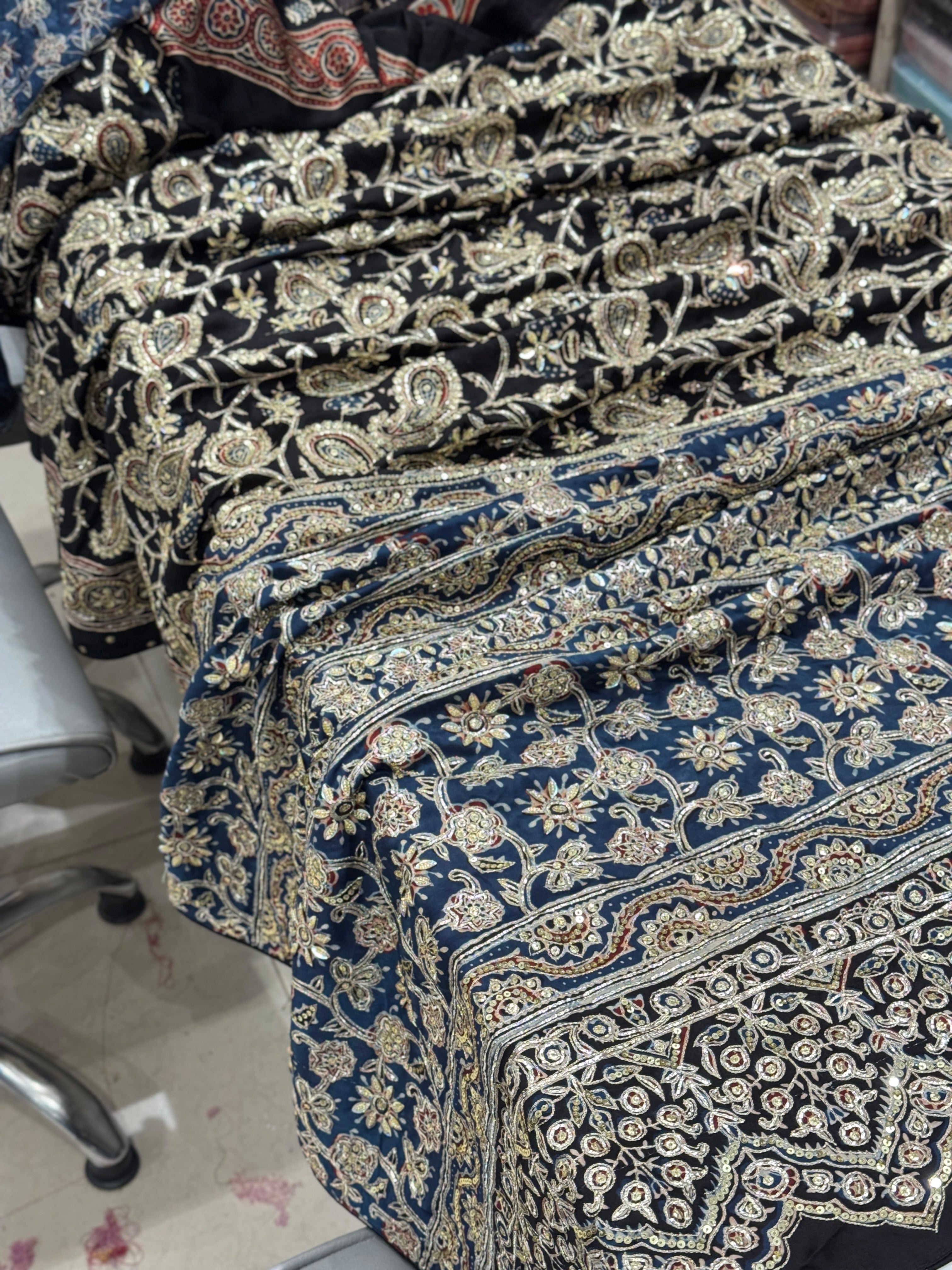 Black Blue Pallu Ajrakh Badam Jaal Hand Embroidery Zardosi and Pita Work