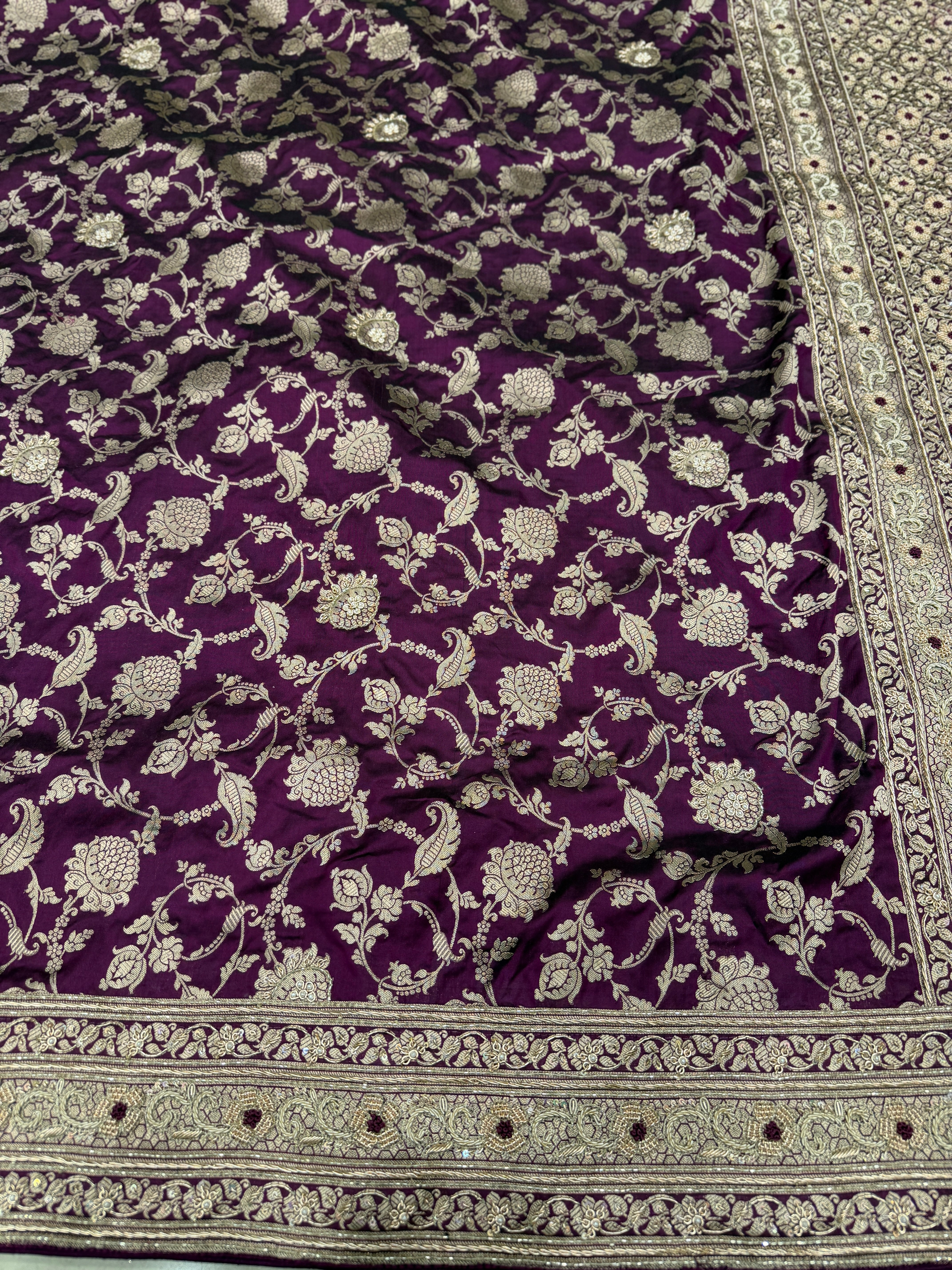 Wine Jaal Handloom Banarasi Katan Silk Zardosi Hand Embroidery Saree