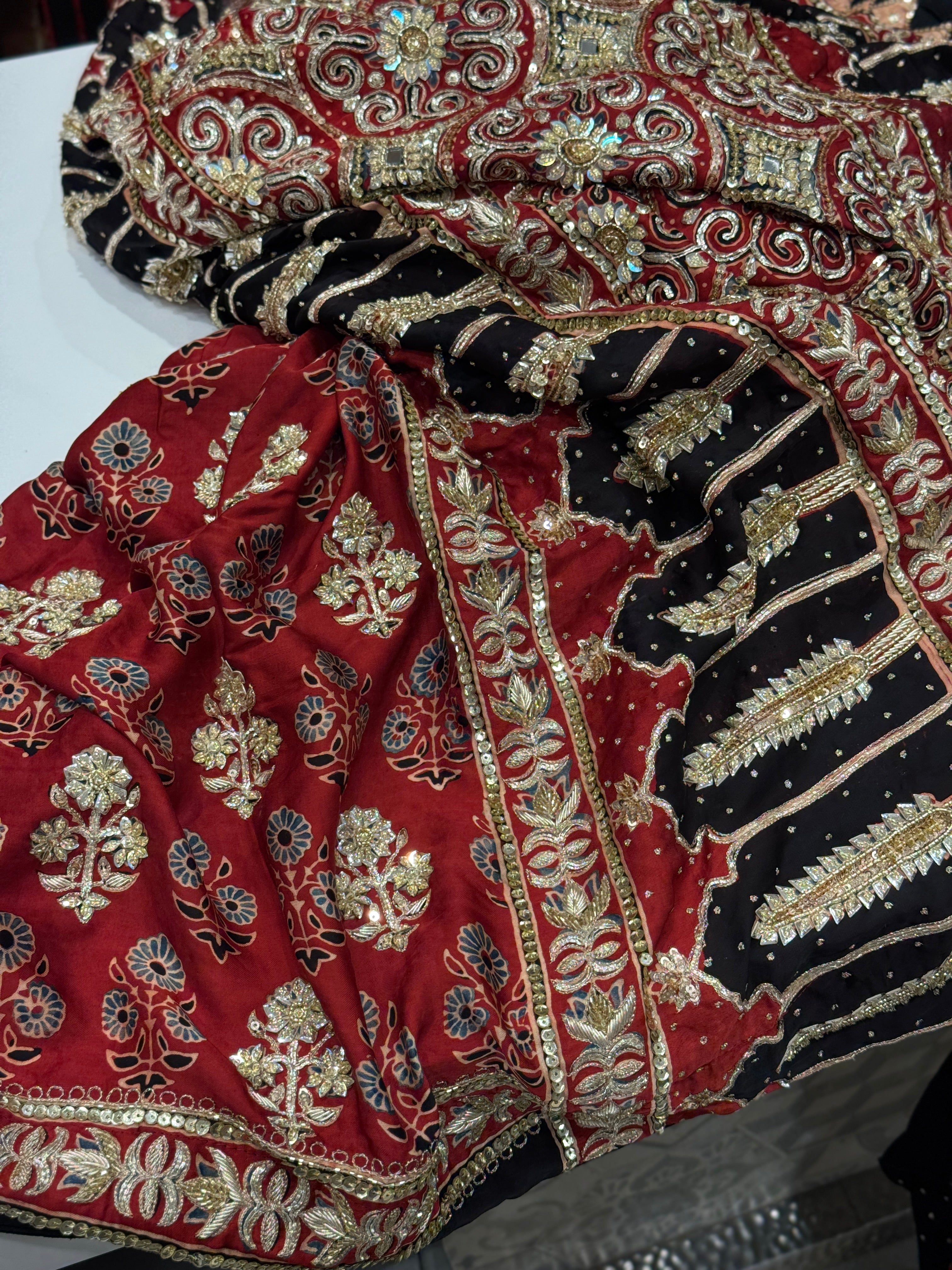 Red Floral Buttas Ajrakh Hand Embroidery Saree